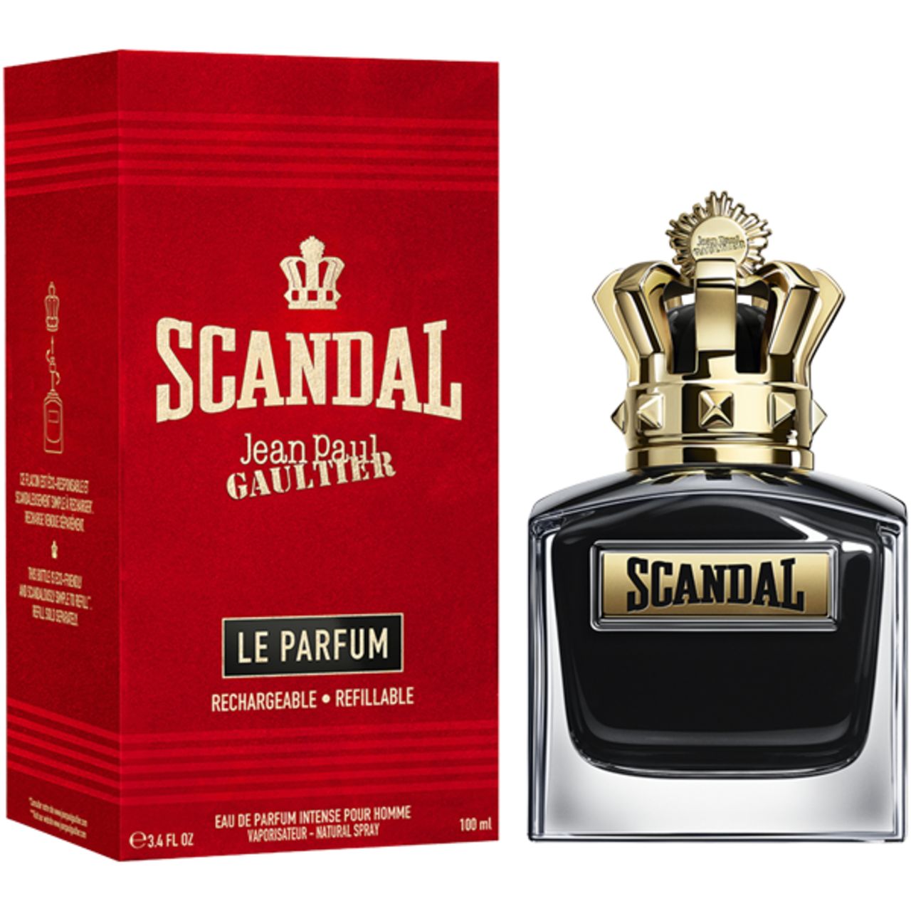 Flakon und rote Verpackung. Aufschrift "SCANDAL" und "Jean Paul Gaultier".