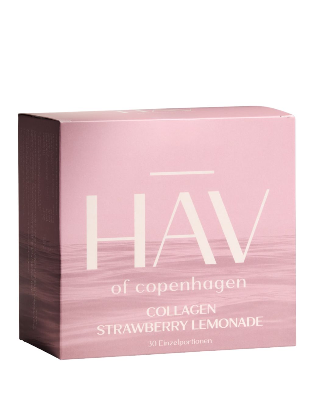 Rosa Produktverpackung mit HAV-Logo und Text. Aufschrift: Collagen Strawberry Lemonade, 30 Einzelportionen.