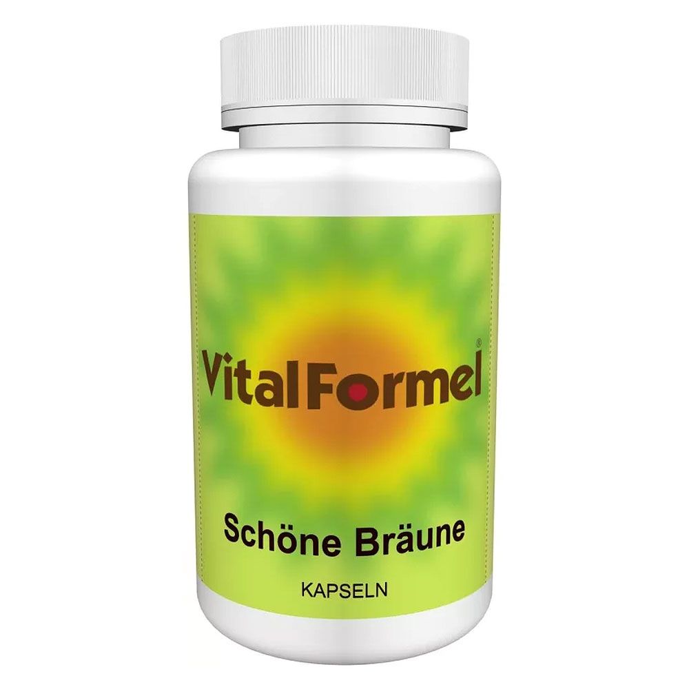 Weiße Flasche mit Schraubverschluss. Aufschrift: VitalFormel Schöne Bräune Kapseln. Grüner Hintergrund mit gelbem Kreis.