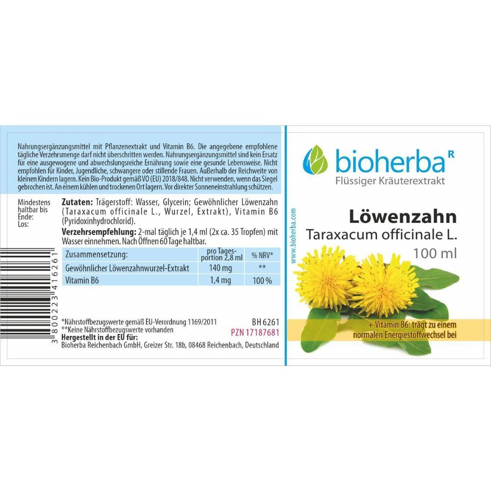 Etikett mit Produktnamen, Logo und Illustration von Löwenzahnblüten. Text in deutscher Sprache.