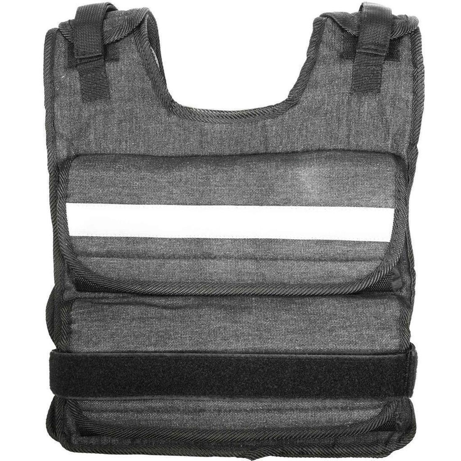 Rückseite der Gewichts-Weste, grau. Mit weißem Streifen. Verstellbare Gurte und Klettverschluss.