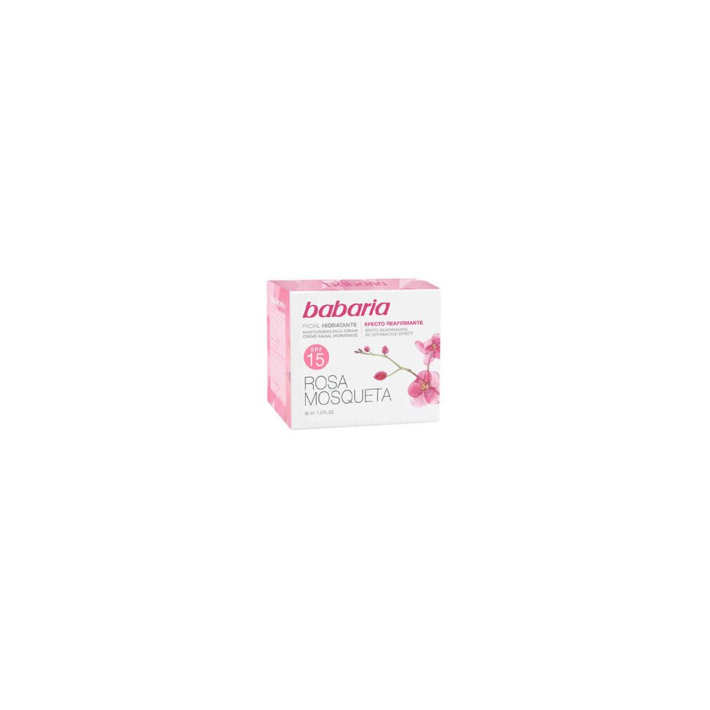 Rosa Mosqueta Creme-Schachtel mit Logo und Produktnamen. Rosa und weiße Verpackung.