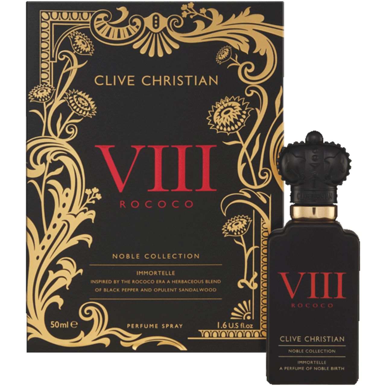 Schwarze Schachtel und Flakon. Goldene Verzierungen. Flakon: VIII ROCOCO, Clive Christian. Schachtel: 50ml, 1.6 US fl.oz. Immortelle.