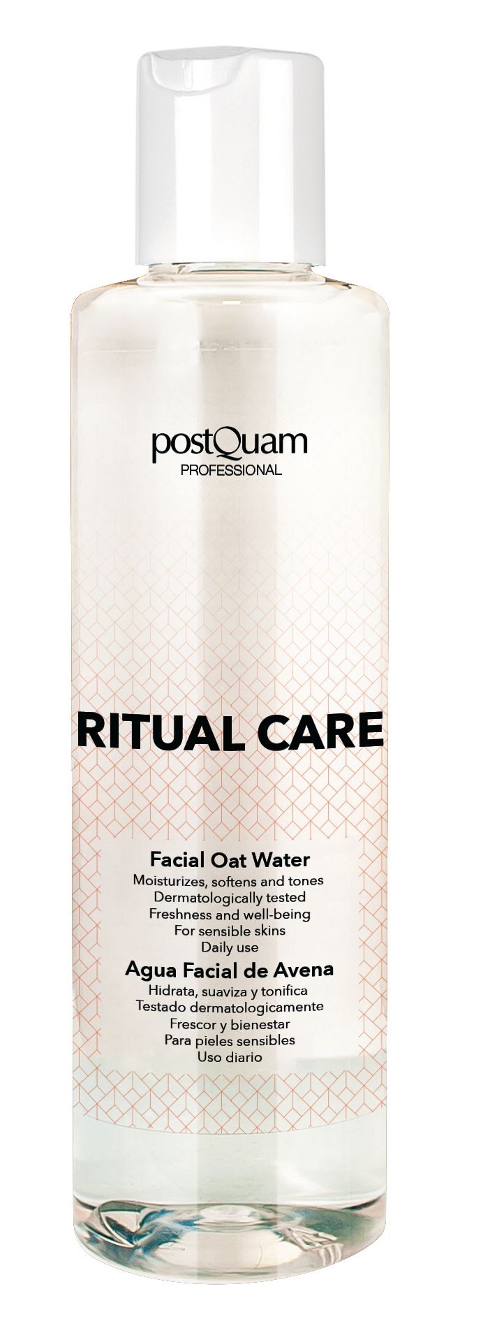 Klare Flasche mit weißem Deckel. Aufschrift: postQuam PROFESSIONAL, RITUAL CARE, Facial Oat Water. Für empfindliche Haut.