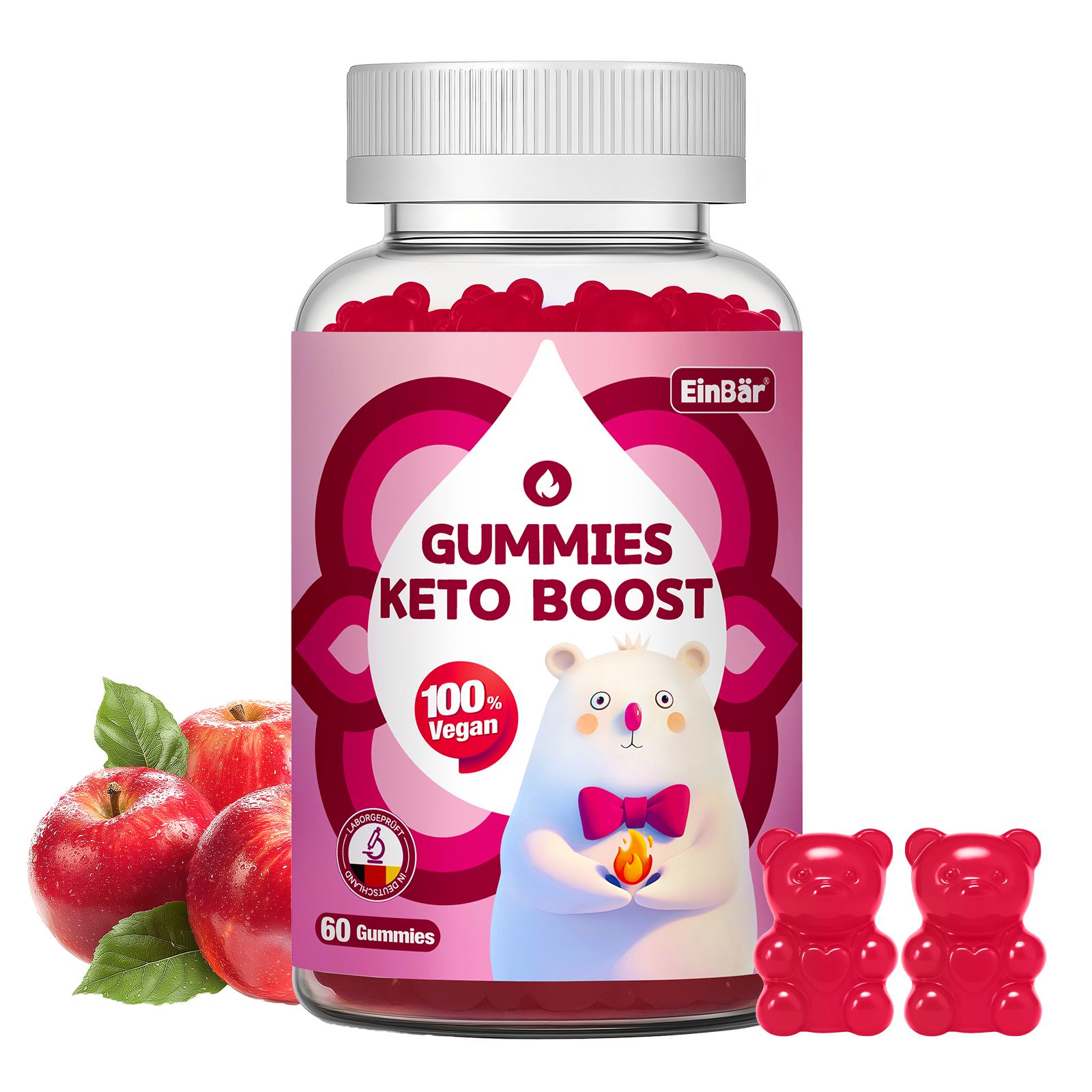 Flasche mit 60 roten Gummibärchen, "Gummies Keto Boost" Aufschrift, 100% Vegan.