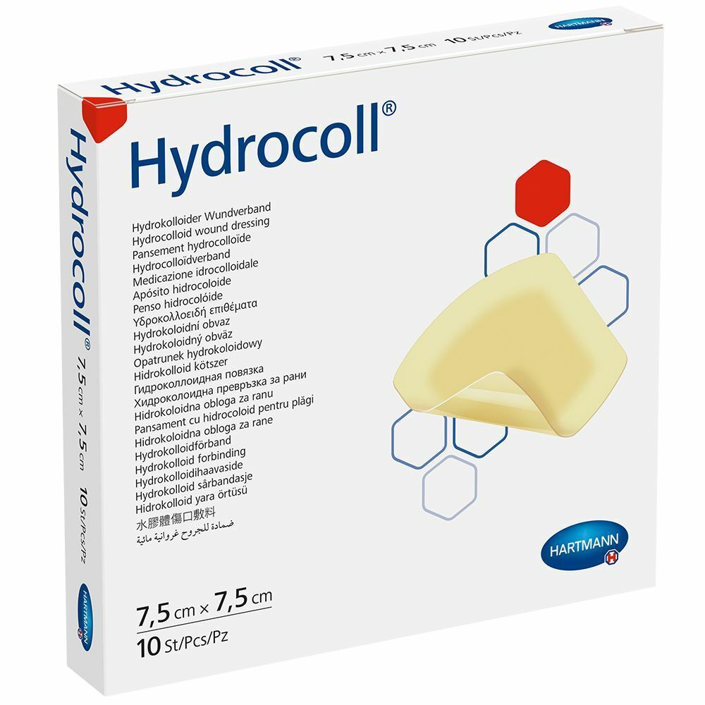 Hydrocoll Wundverband-Packung. Quadratische Wundauflage, 7,5x7,5 cm. 10 Stück. Hartmann-Logo. Mehrsprachige Produktbezeichnungen.