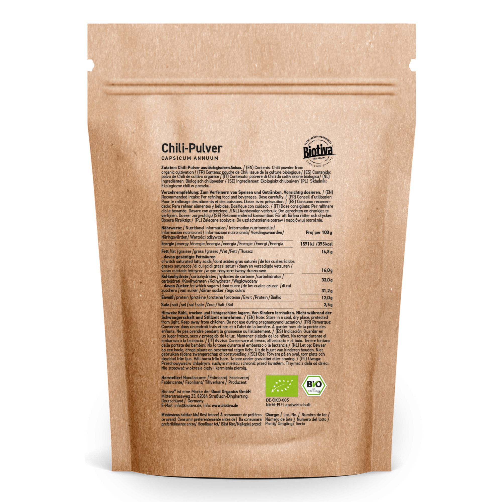 Verpackung von Biotiva Chili-Pulver. Braune Papiertüte mit Produktinformationen und Bio-Siegel.