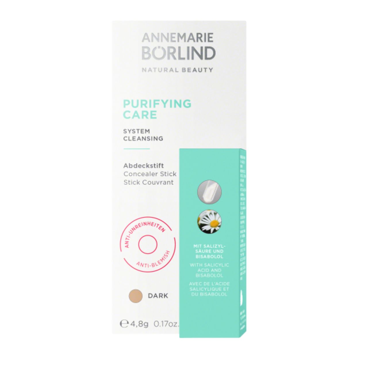 Verpackung von ANNEMARIE BÖRLIND Abdeckstift Dark. Weißes Etui mit Produkt und türkisfarbener Seite. Aufschrift: PURIFYING CARE.