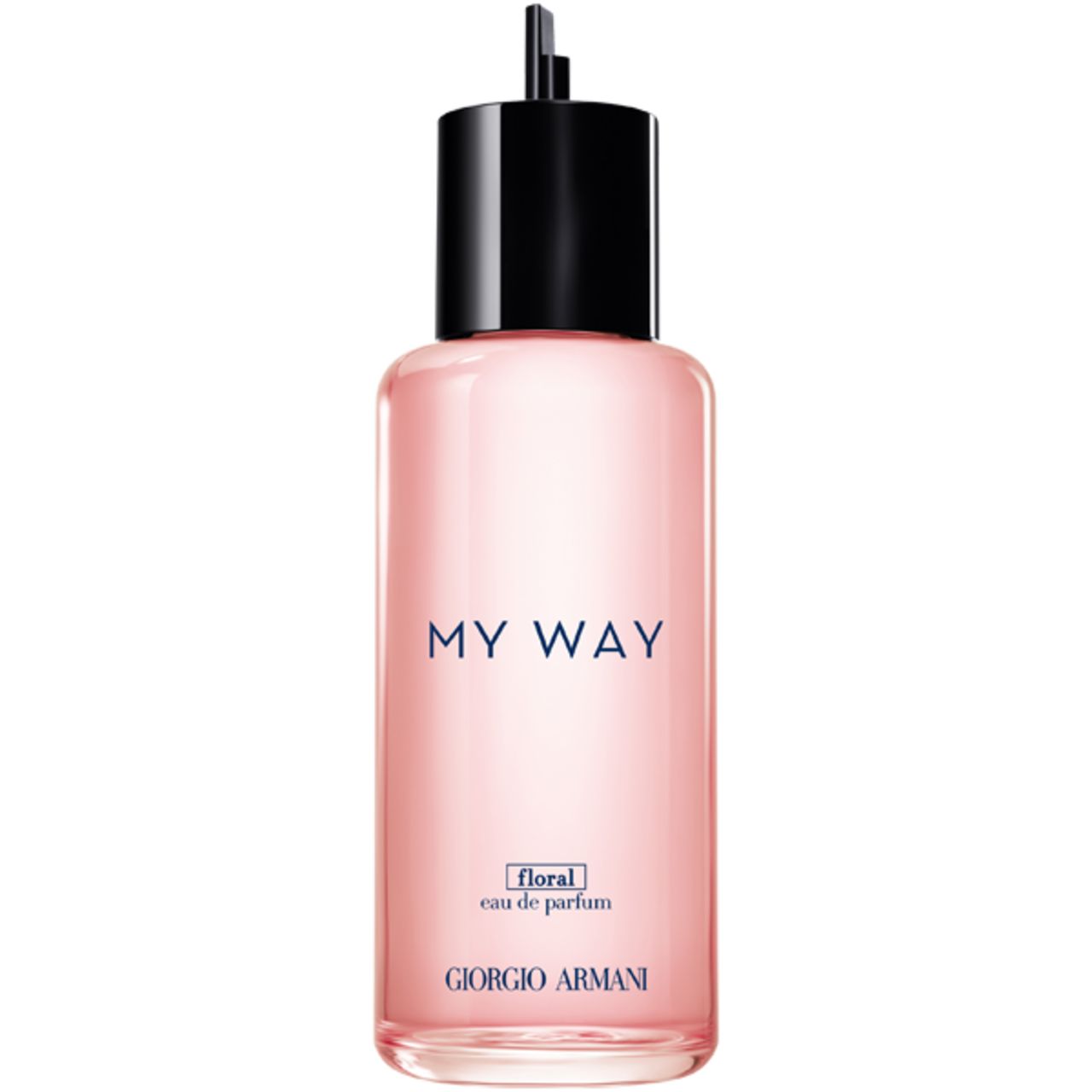 Rosa Flakon mit schwarzem Verschluss. Aufschrift "MY WAY floral eau de parfum" und "GIORGIO ARMANI".