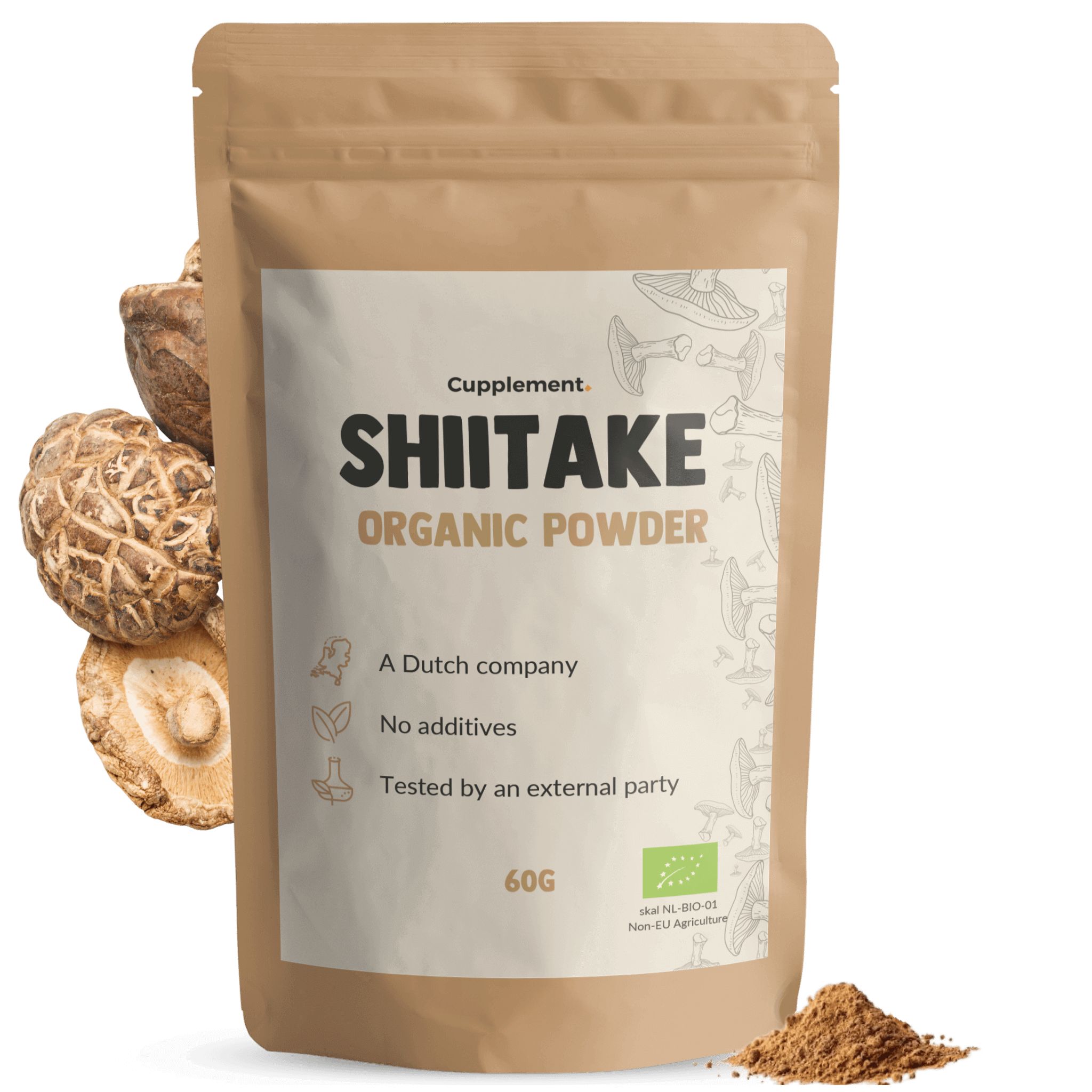 Braune Tüte mit Shiitake-Pulver. Text: „Shiitake Organic Powder“. 60g. Bio-Siegel. Shiitake-Pilze und Pulver daneben.