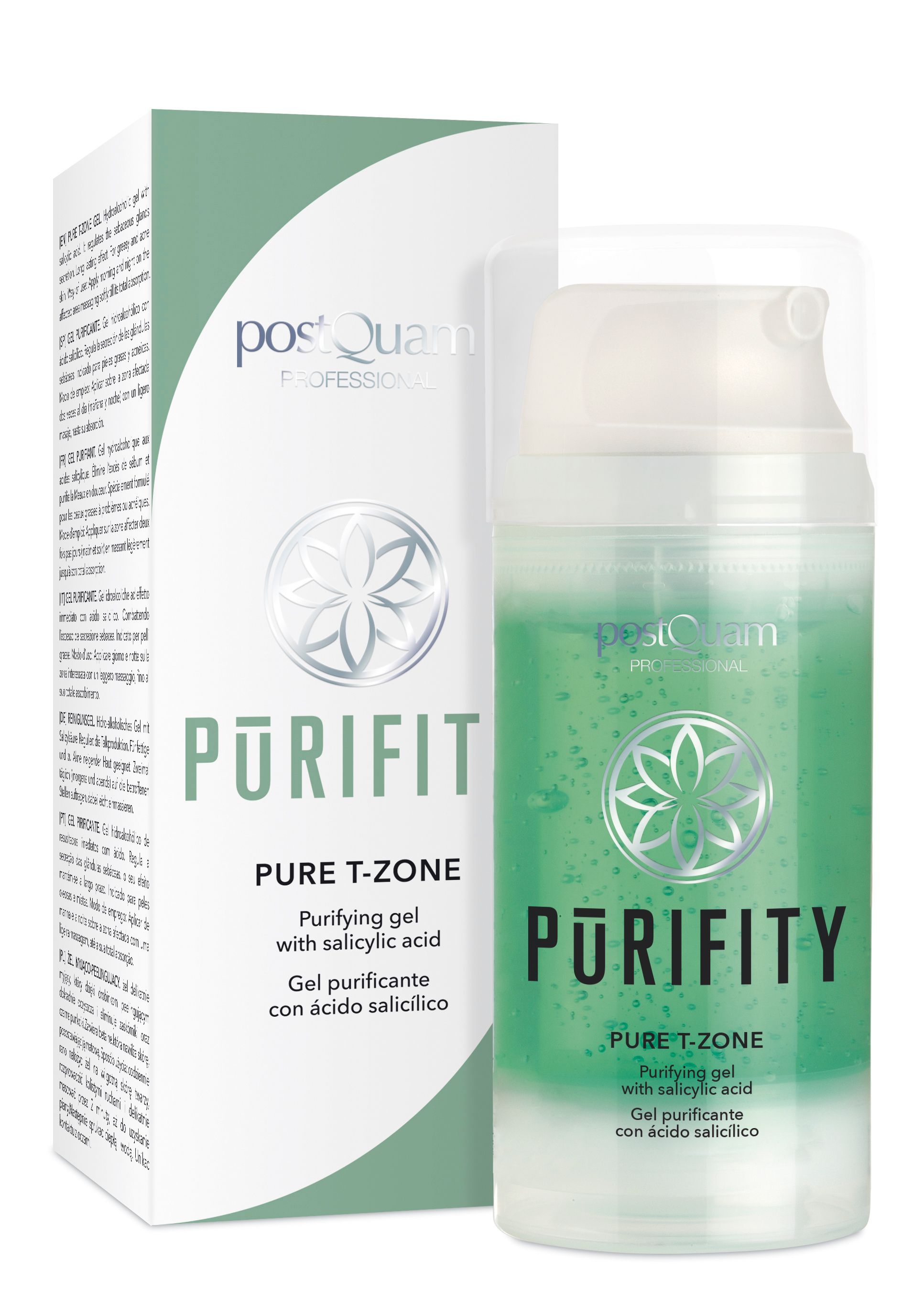 Eine Flasche und eine Schachtel mit dem Produkt "Purity Pure T-Zone". Auf der Flasche und der Schachtel steht "Post Quam Professional".