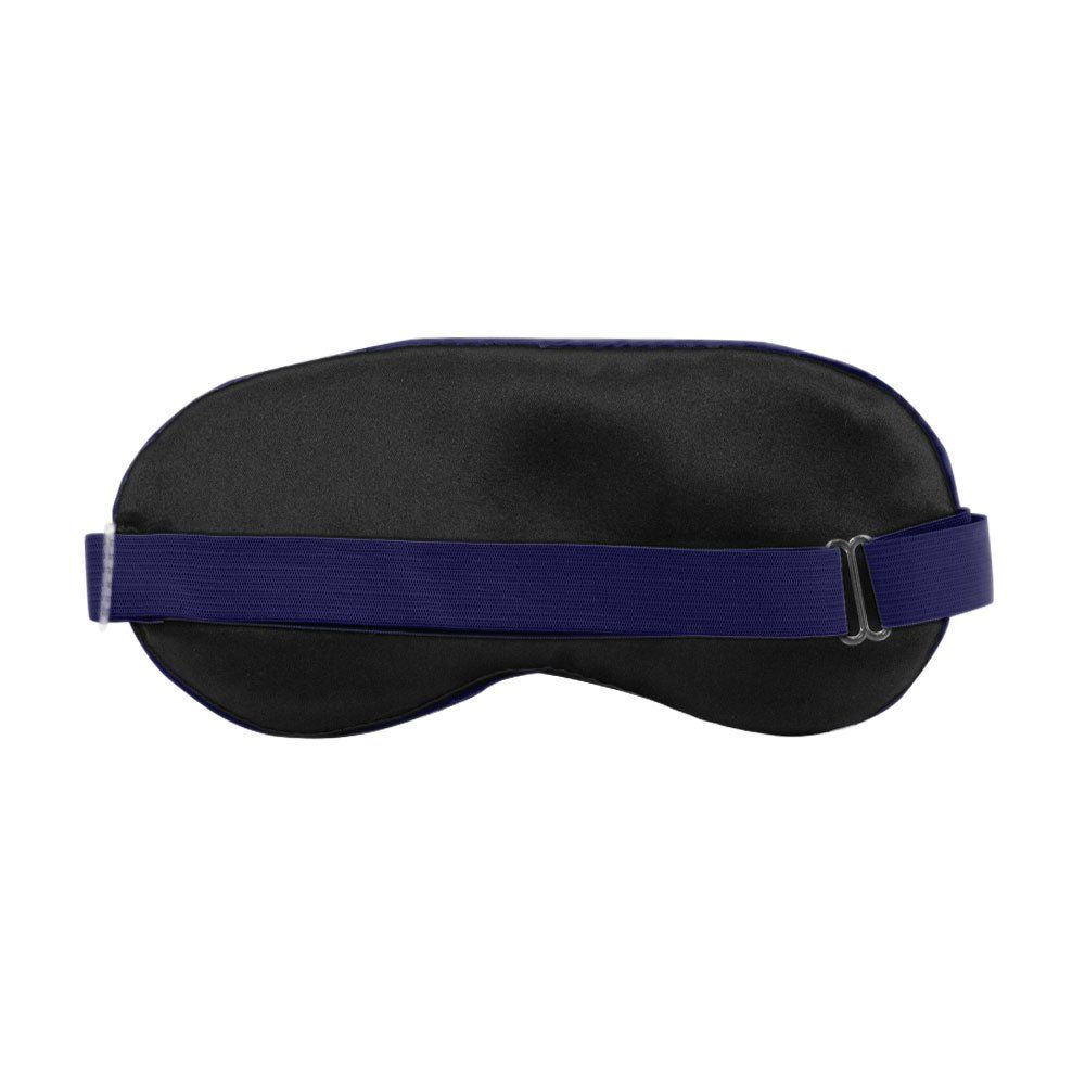 Schlafmaske, schwarz, mit blauem Gummiband und Metallverschluss. Rückansicht.