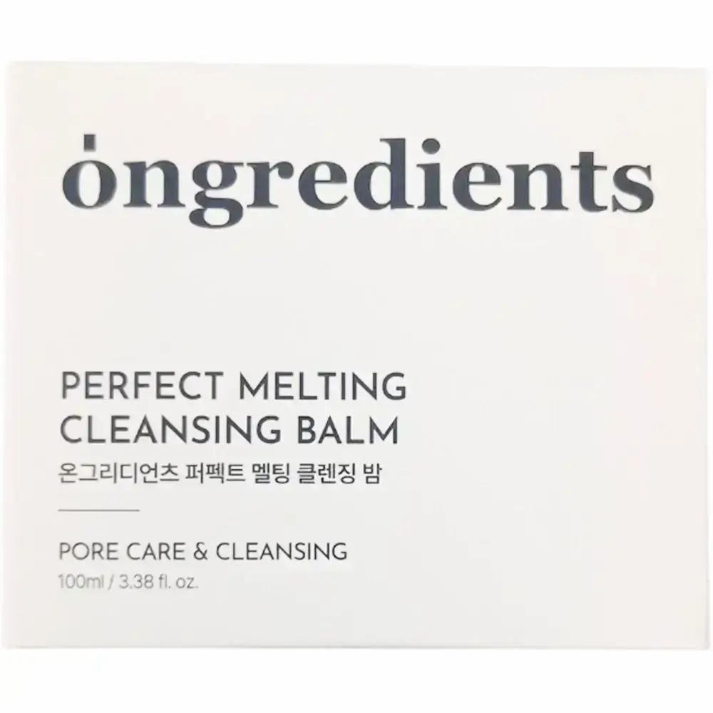 Weiße Verpackung mit Produktinformationen. Aufschrift: Perfect Melting Cleansing Balm. Text in Englisch und Koreanisch. Marke: Ongredients.