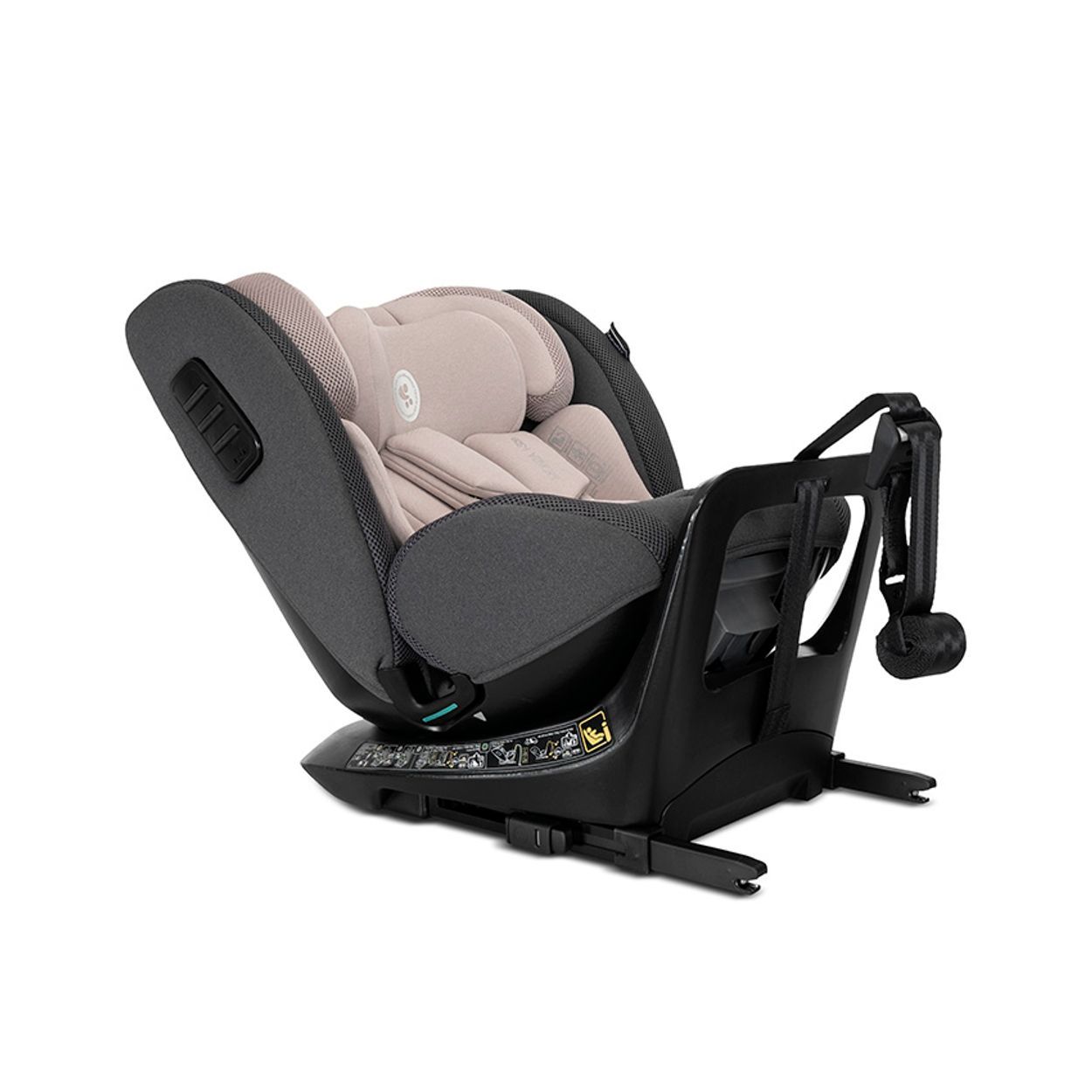 Grauer Kindersitz mit 5-Punkt-Gurt, verstellbarer Kopfstütze und Drehbasis.
