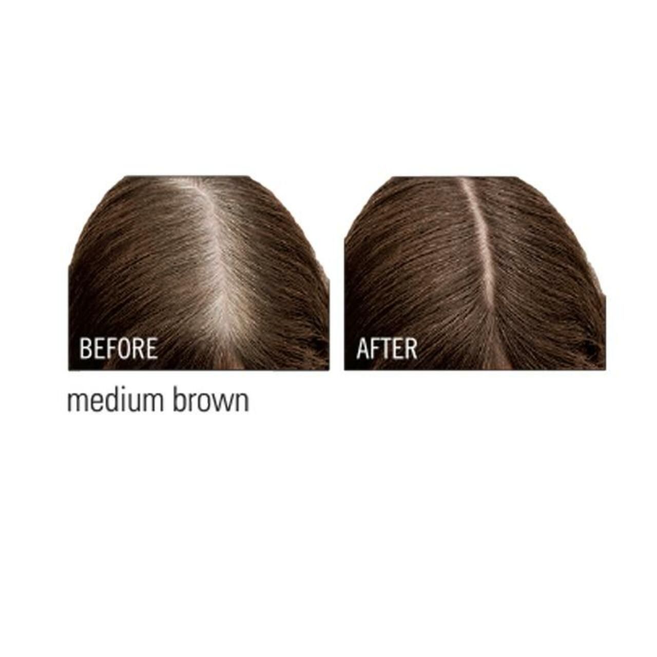 Zwei Bilder: Vorher/Nachher-Ansicht. Haare mit und ohne Produkt. Text: "medium brown".
