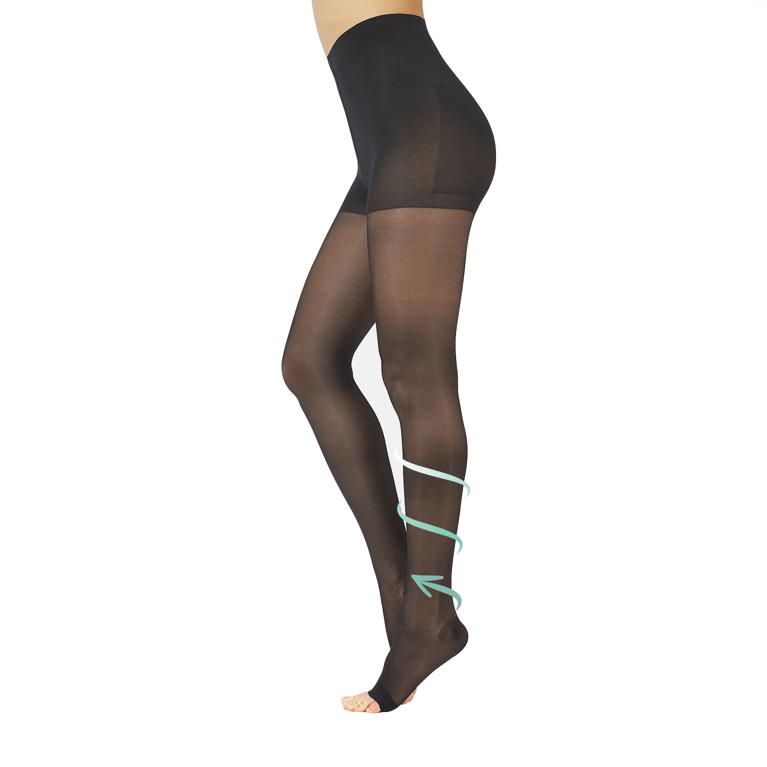 Schwarze Strumpfhose mit offenem Zeh. Pfeile zeigen Kompression. Produktname nicht sichtbar.