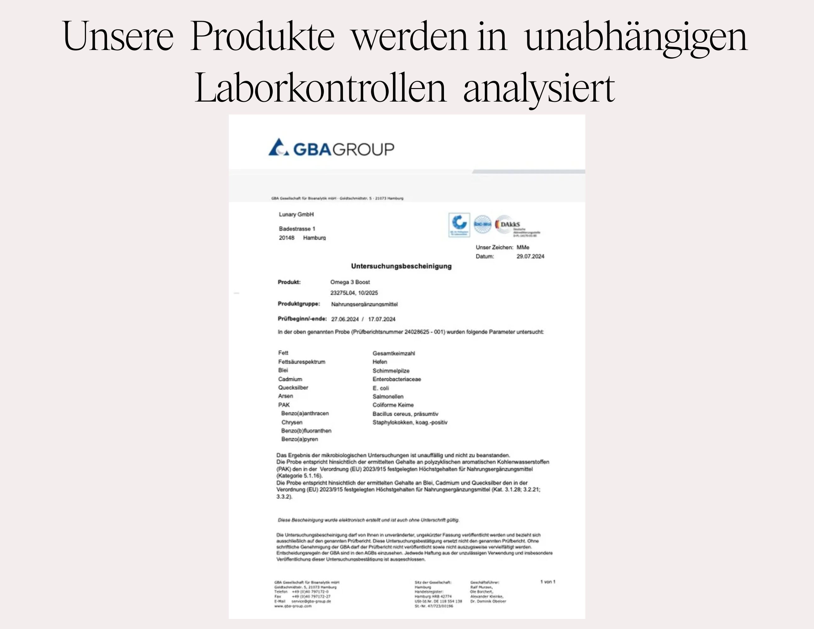 Laborbericht mit Text. Enthält Informationen über die Analyse der Produkte.
