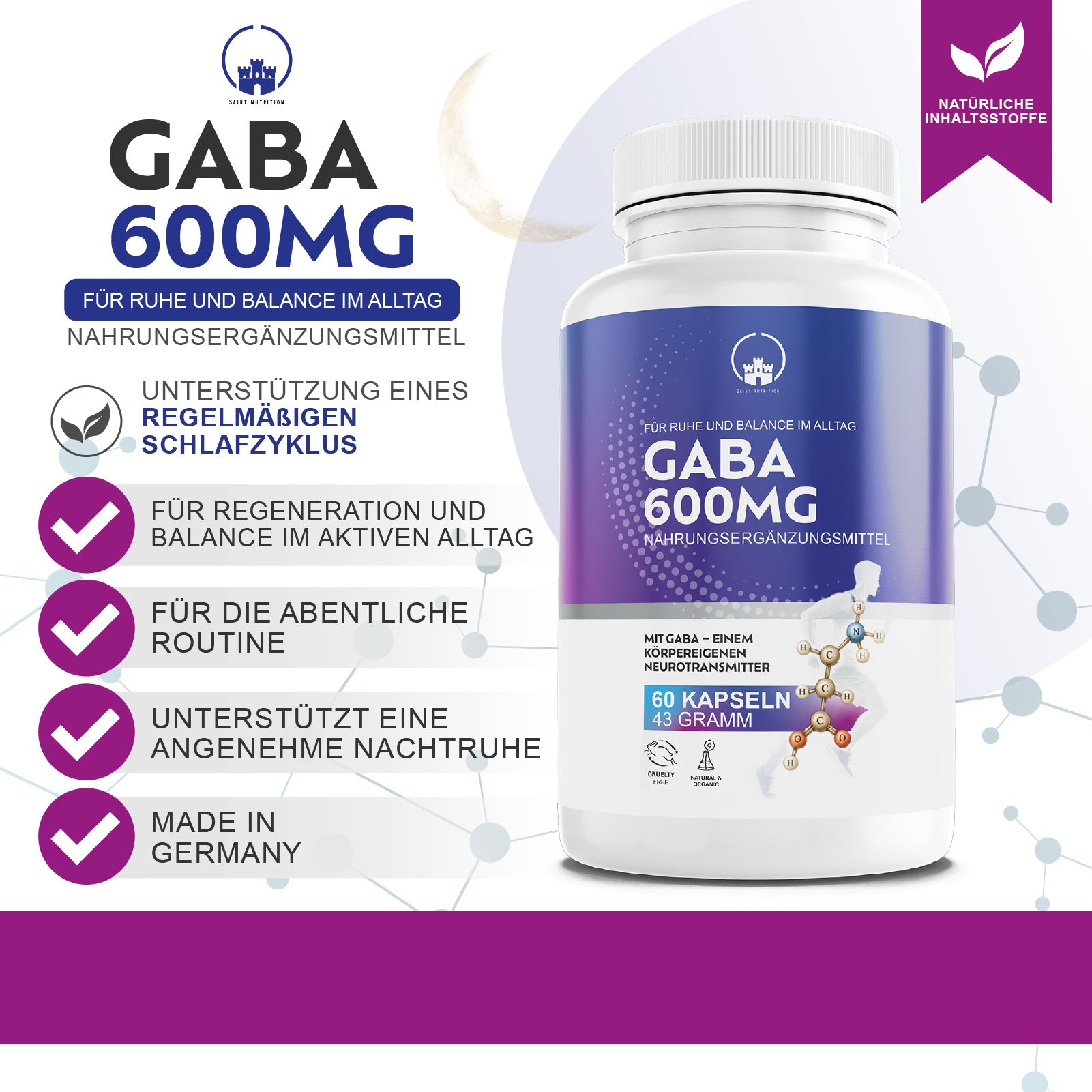 Weiße Flasche mit blau-lila Etikett. Text: Gaba 600mg, Nahrungsergänzungsmittel. Unterstützt einen regelmäßigen Schlafzyklus. Made in Germany.
