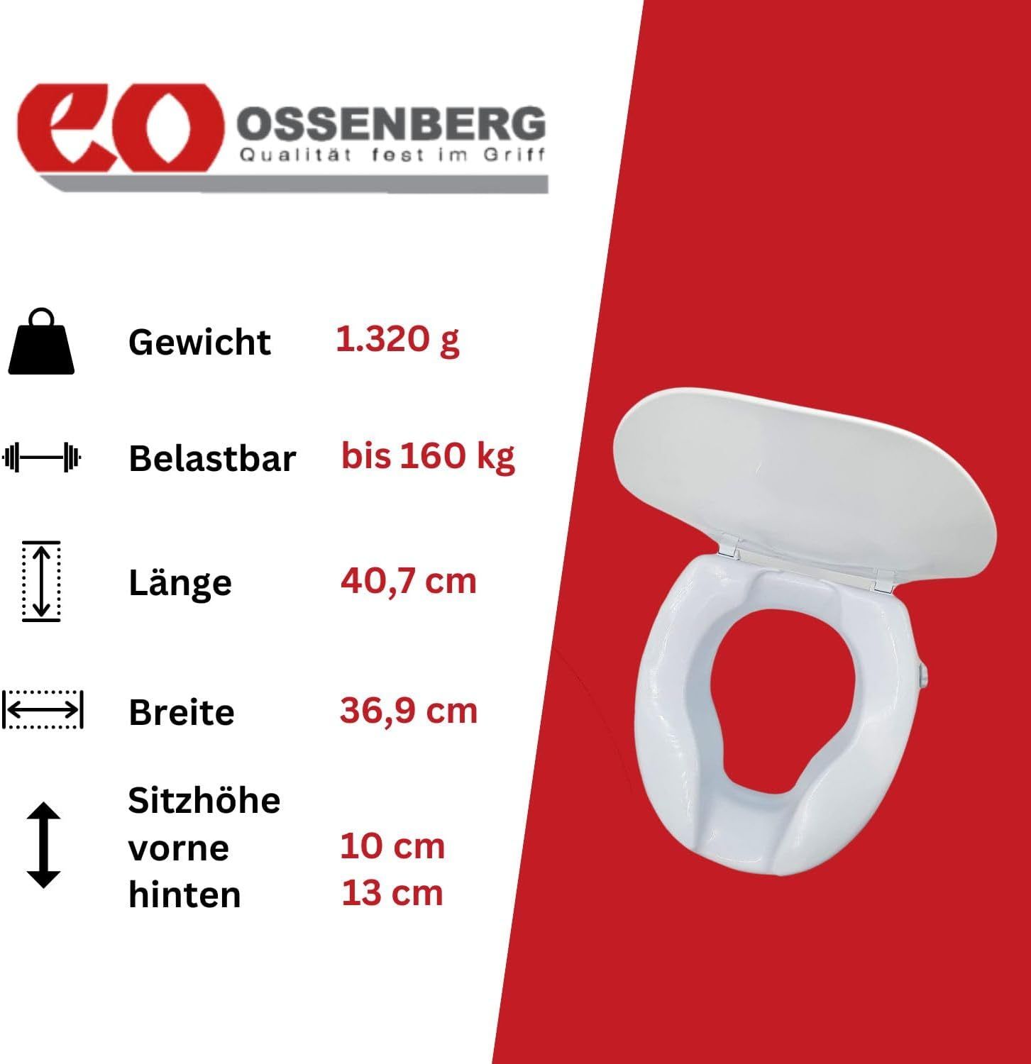 Infografik mit Produktmaßen und -details. Marke Ossenberg.