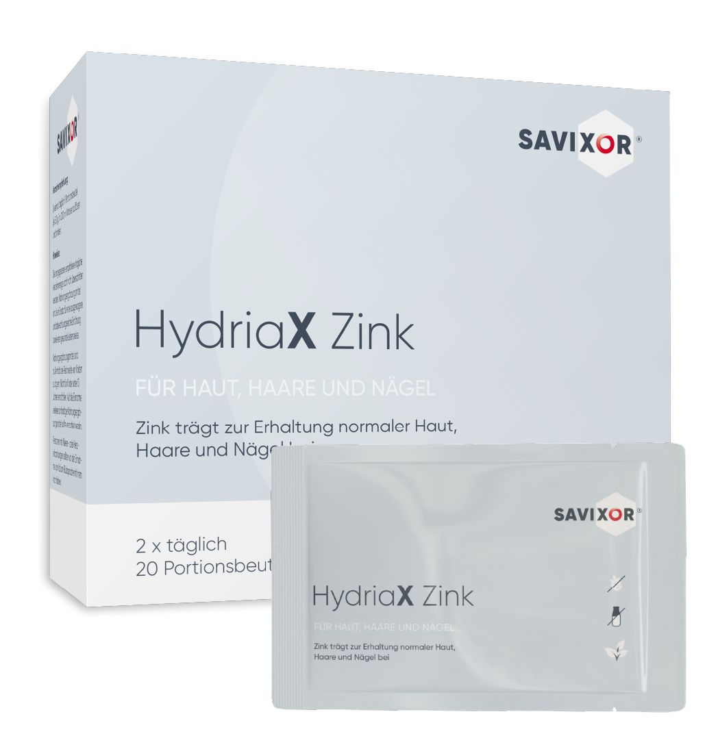 Savixor HydriaX Zink Pulver, Sachet und Verpackung. Produktname und Logo deutlich sichtbar. 20 Portionen.