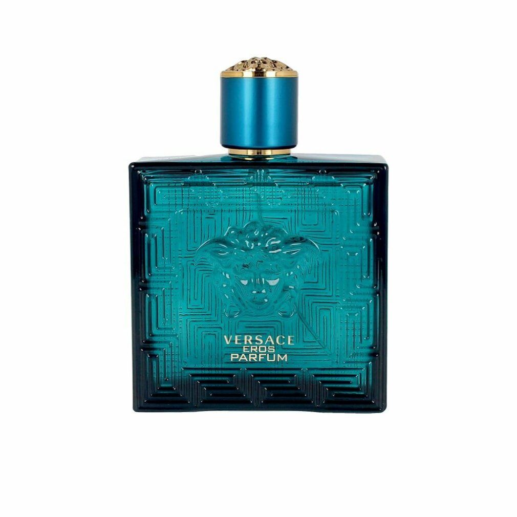 Türkisfarbener Flakon mit goldfarbenem Verschluss. Geprägt mit Medusa-Kopf und geometrischem Muster. Aufschrift: VERSACE EROS PARFUM.