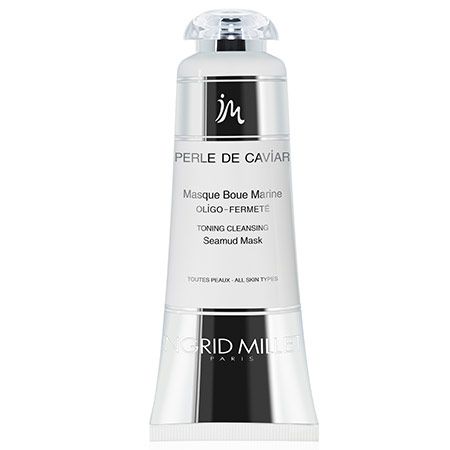 Weiß-silberne Tube mit transparentem Deckel. Text: PERLE DE CAVIAR, Masque Boue Marine, OLIGO-FERMETÉ, Toning Cleansing Seamud Mask. Marke: Ingrid Millet.