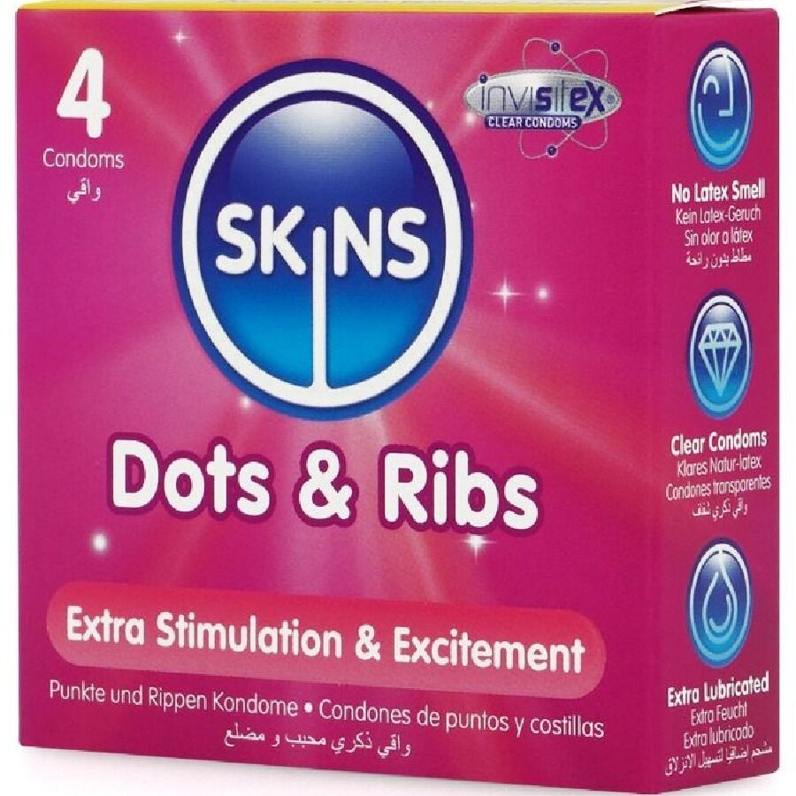 Verpackung mit 4 Kondomen. Marke SKINS, Produkt Dots & Ribs. Text: Extra Stimulation & Excitement.