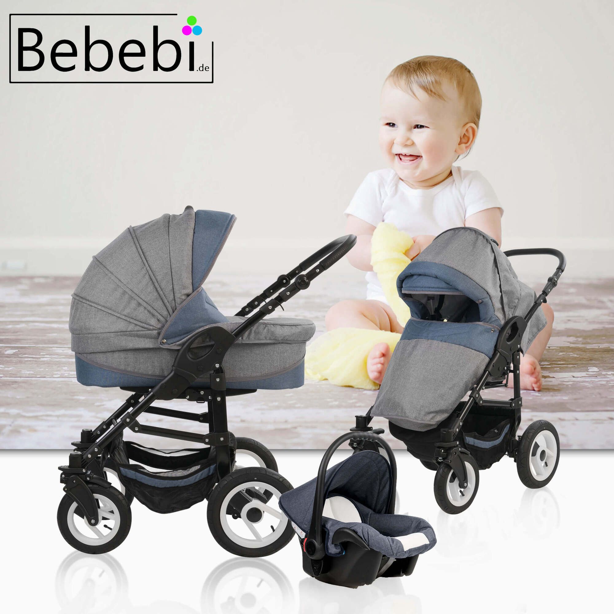 Bebebi Florenz 3 in 1 Kinderwagen Set Luftreifen, Da Vinci Blue Black
