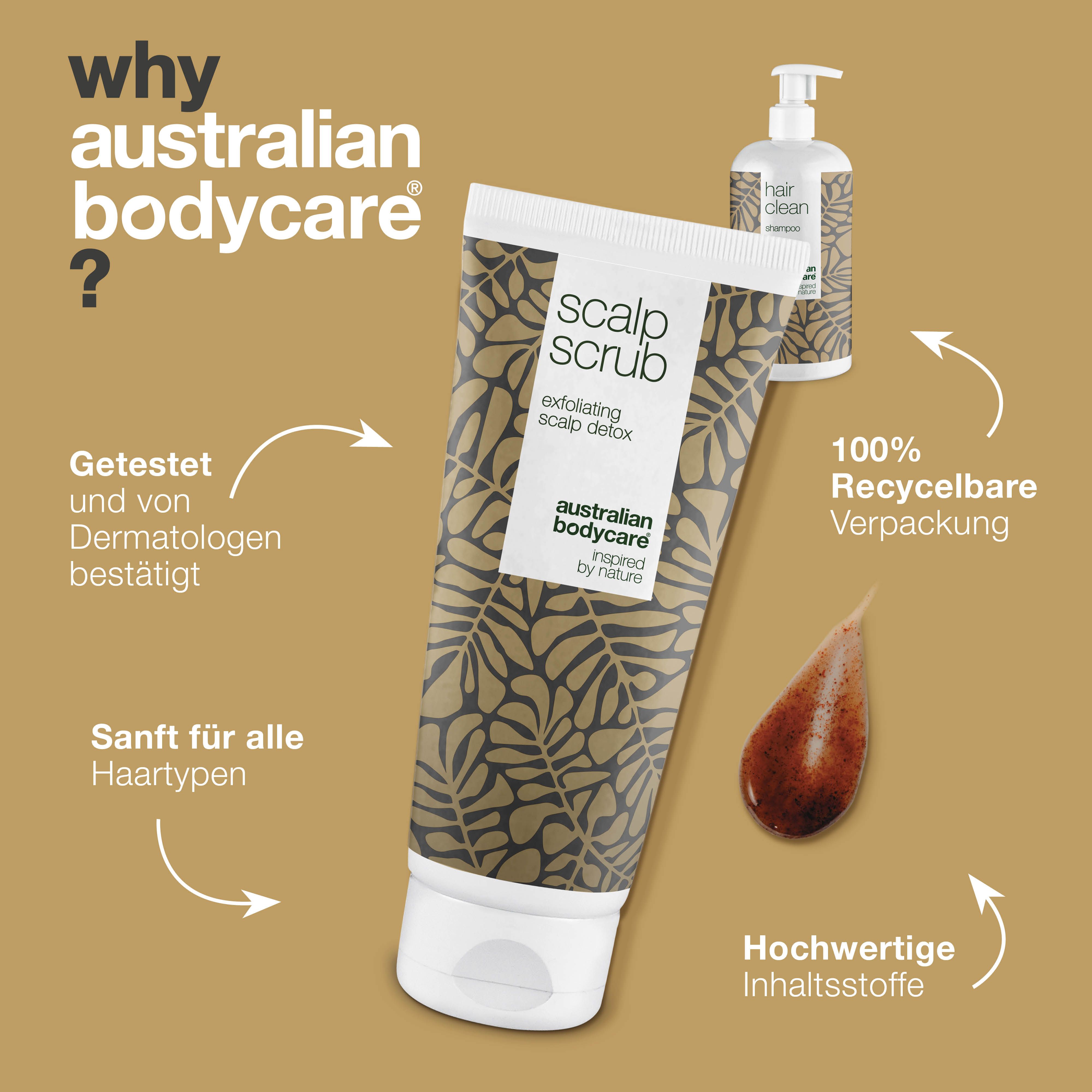 Peeling-Tube und Shampoo-Flasche. 100% recycelbare Verpackung. Hochwertige Inhaltsstoffe. Marke: Australian Bodycare.