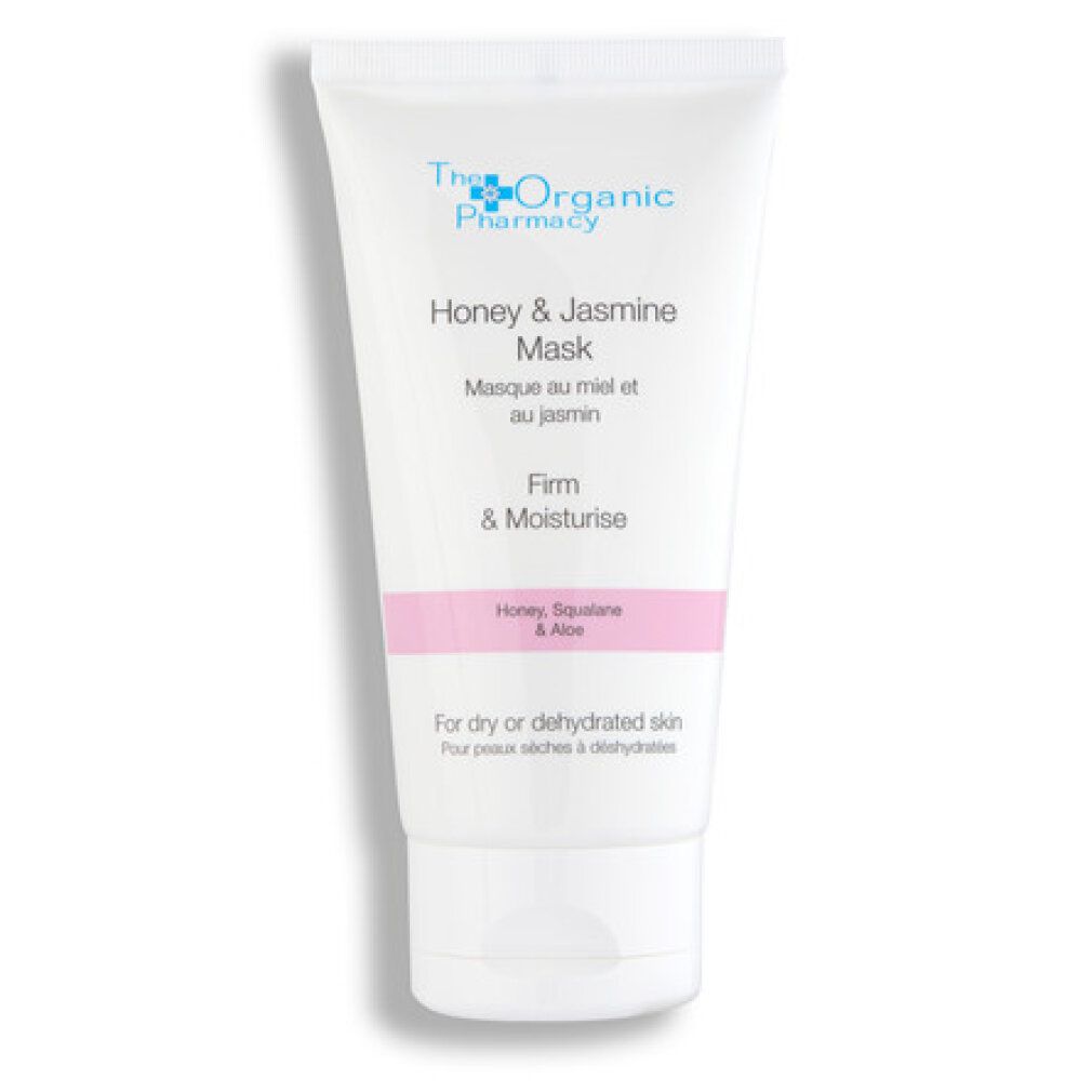 Weiße Tube mit Aufschrift Honey & Jasmine Mask. Text: Firm & Moisturise. Für trockene oder dehydrierte Haut.