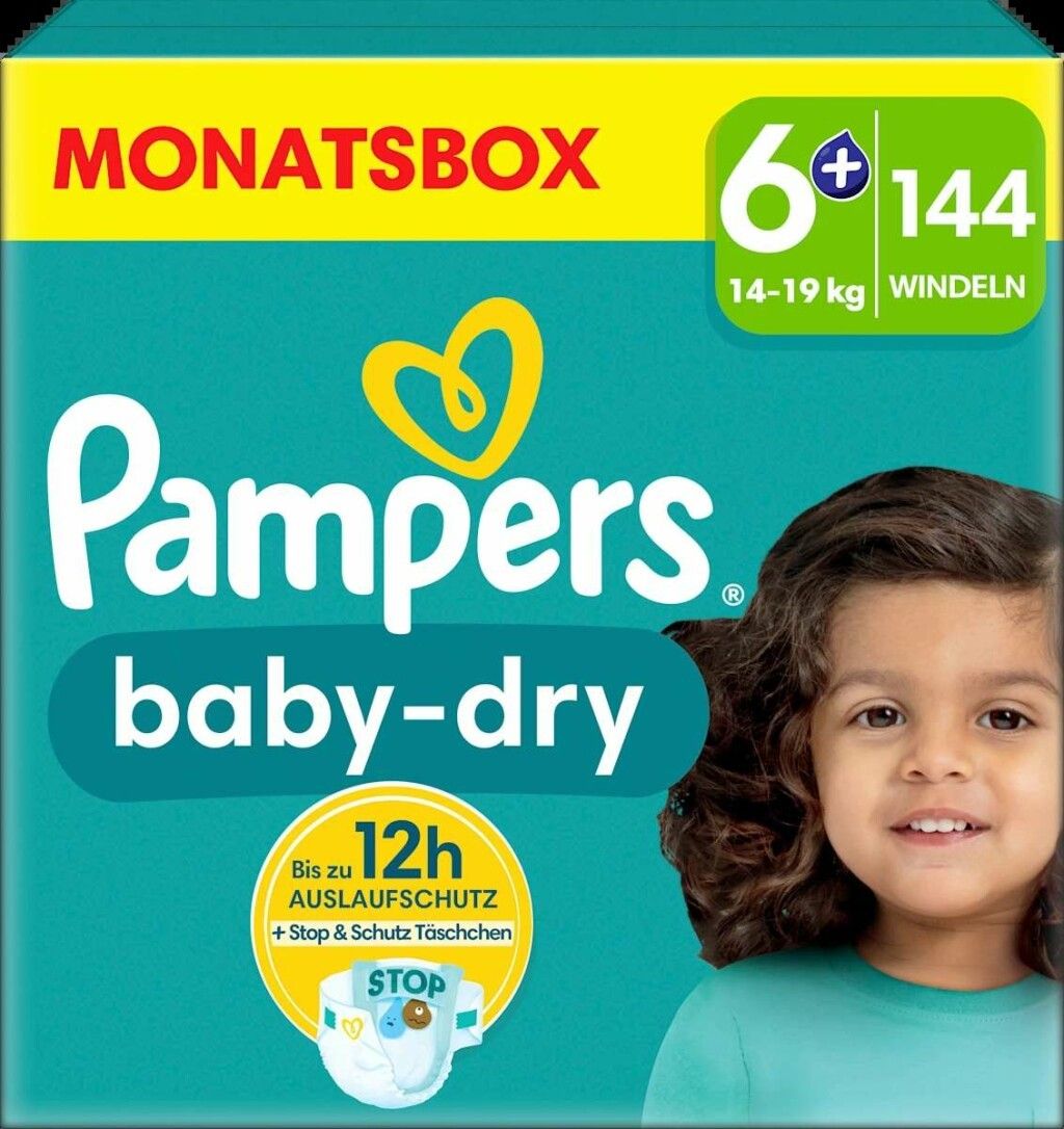 Pampers Baby Dry MonatsBox. Packung mit 144 Windeln Größe 6+ für 14-19 kg. Aufdruck mit Produktnamen, Logo und Kind.