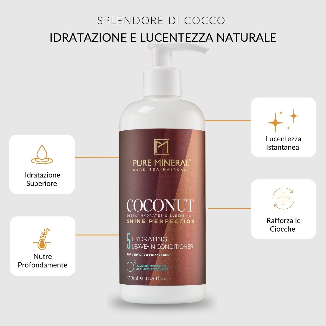 Flacone con icone: Idratante, lucentezza, rinforzante, nutriente. Testo: Splendore di Cocco, Idratation e lucentezza naturale.