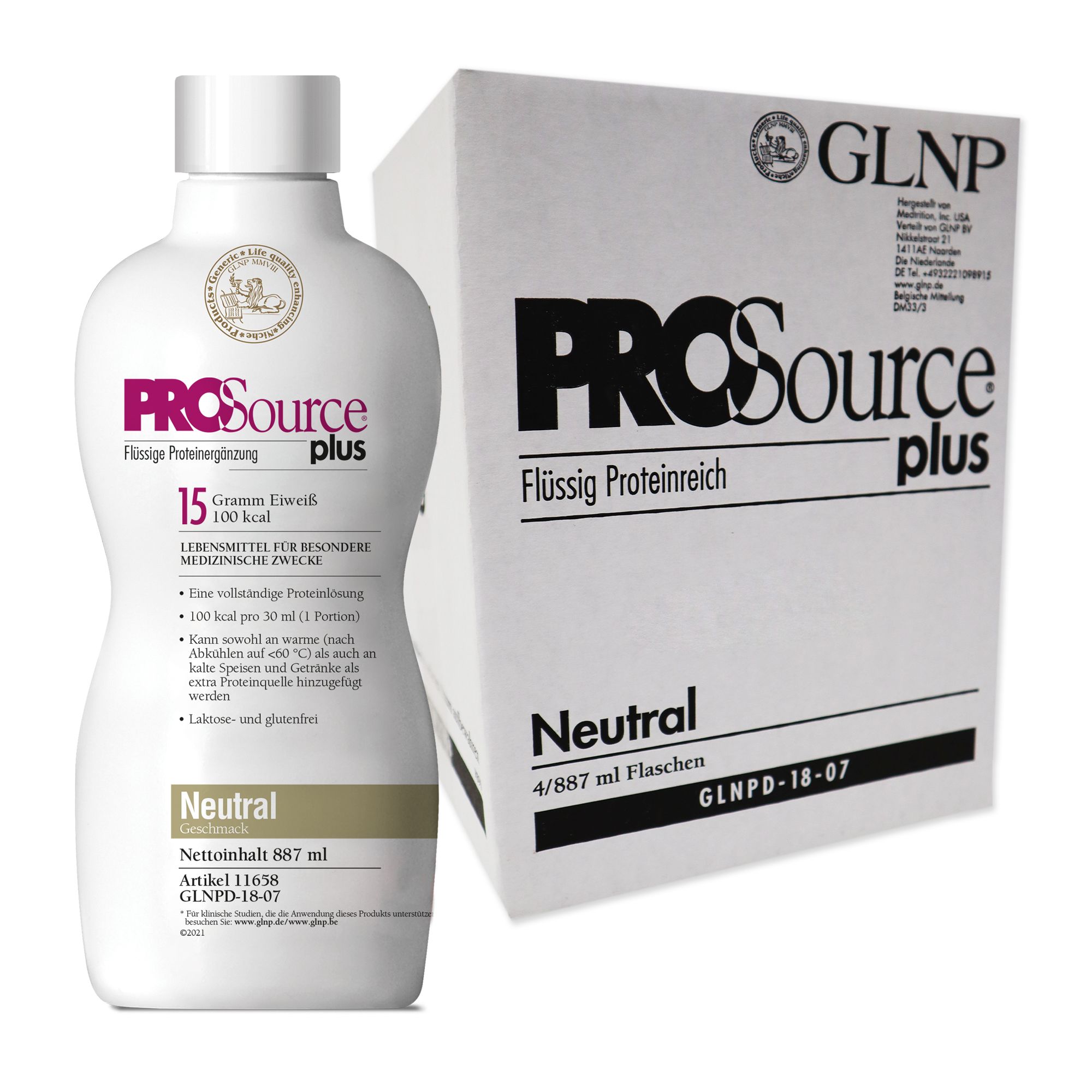 Weiße Flasche und Karton mit Produktaufdruck. Aufschrift PROSource plus, Neutral. Karton mit 4 Flaschen. GLNP-Logo.