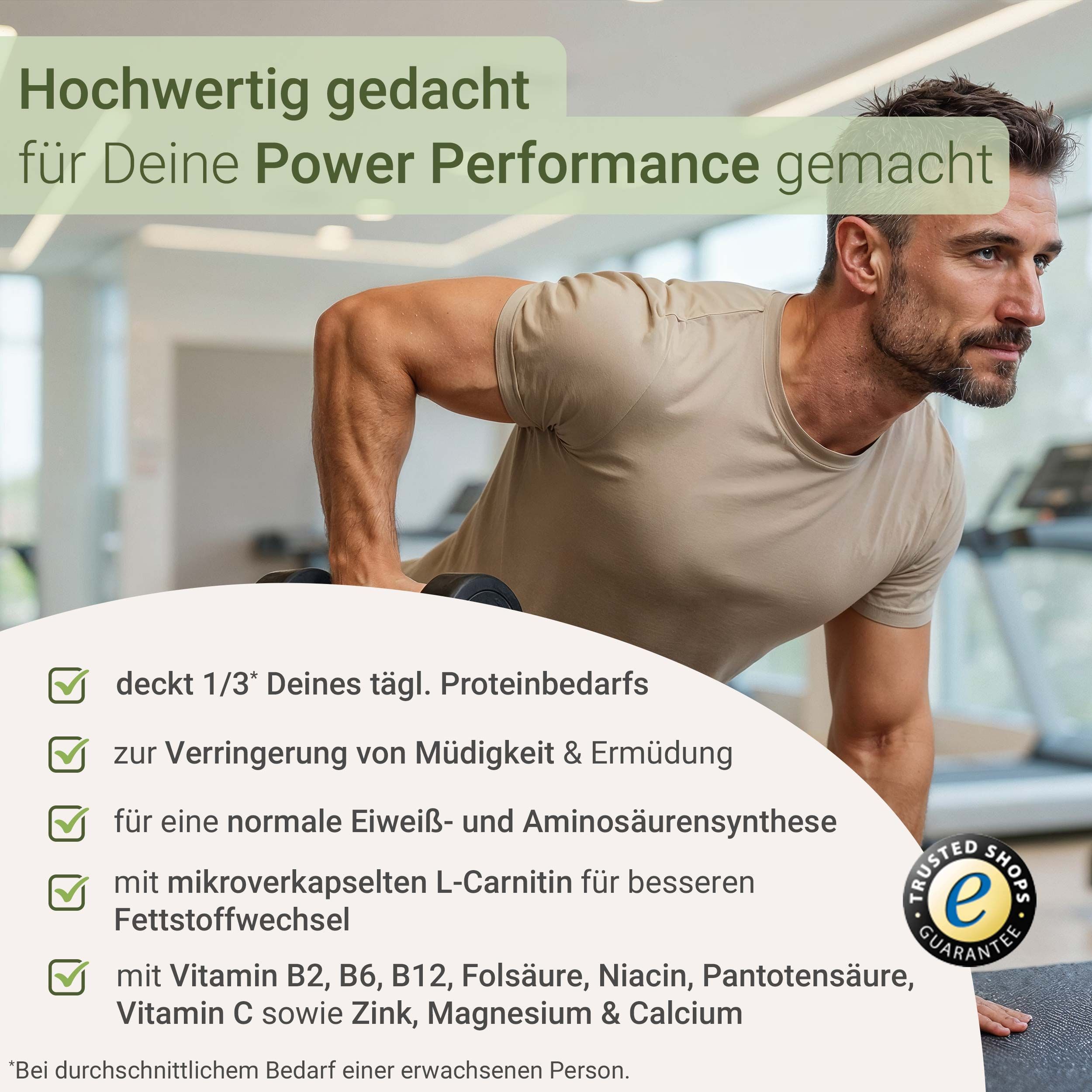 Mann trainiert im Fitnessstudio. Text: Deckt 1/3 des täglichen Proteinbedarfs, reduziert Müdigkeit, etc. Trusted Shops-Siegel.