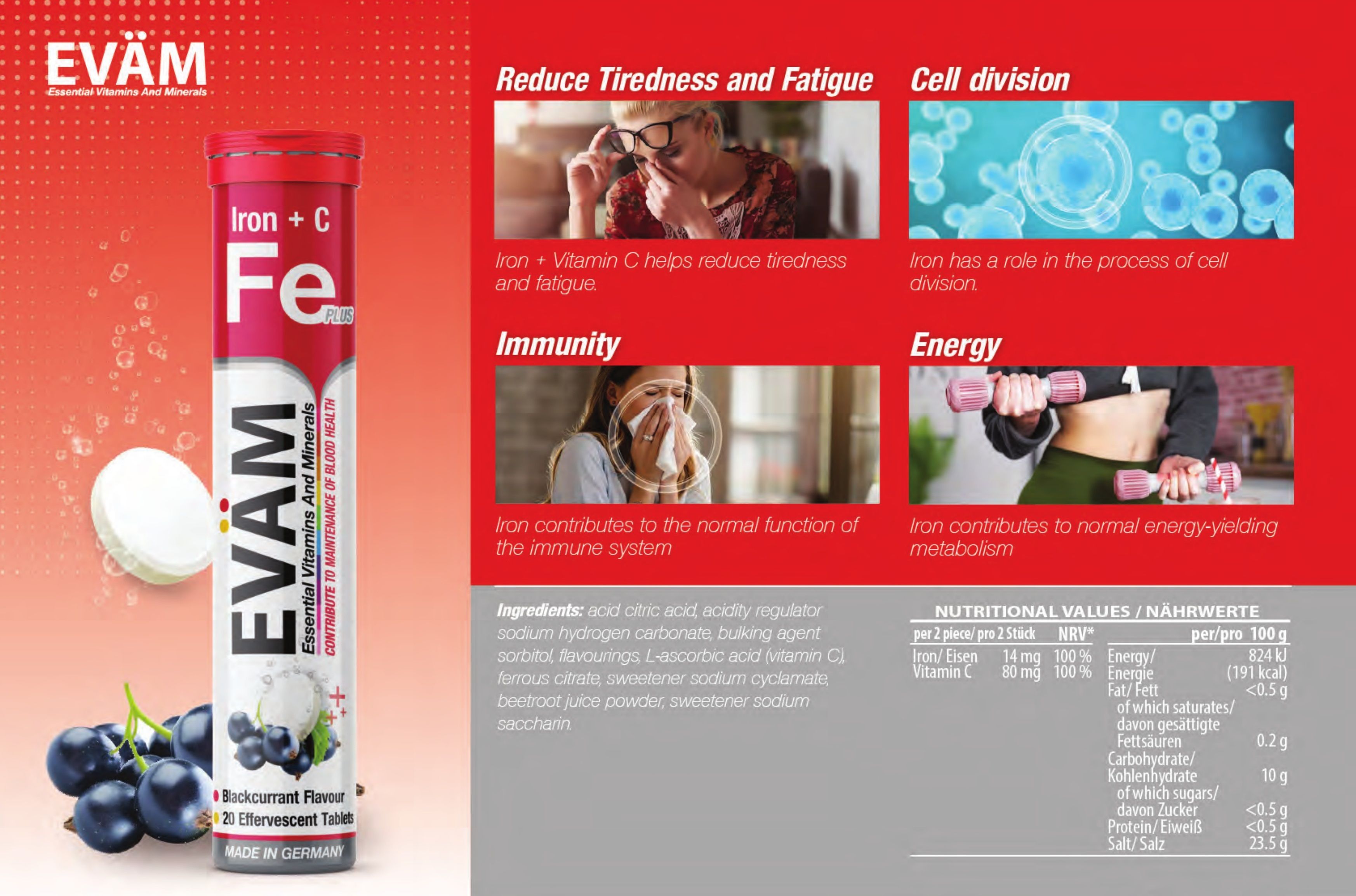 Brausetabletten-Tube Iron + C Fe Plus und EVÄM neben Grafiken zu Themen wie Energie und Immunität. Enthält 20 Tabletten.