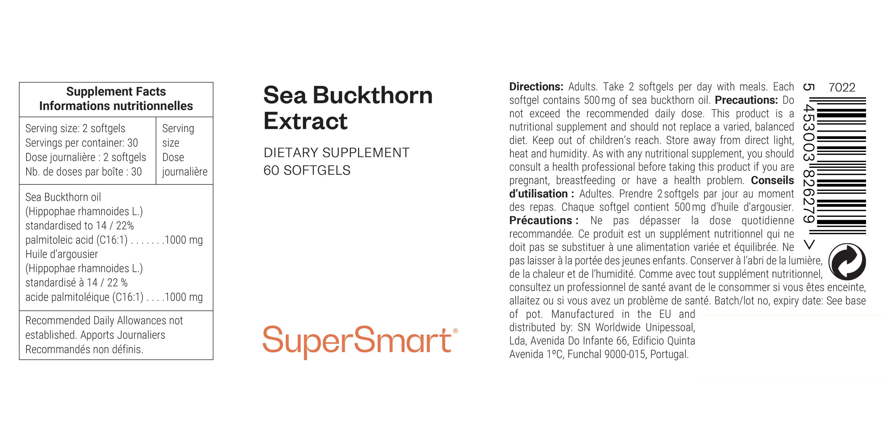 Etikett mit Informationen zu Sea Buckthorn Extract. Enthält 60 Softgels. Marke: SuperSmart.