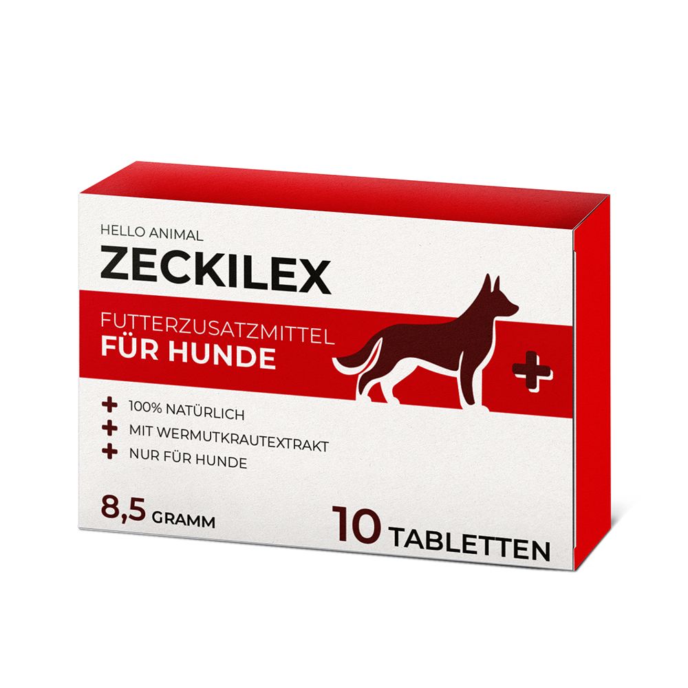 Rote und weiße Schachtel mit "ZECKILEX" und "FÜR HUNDE" Schriftzug. Enthält 10 Tabletten. Abbildung eines Hundes.
