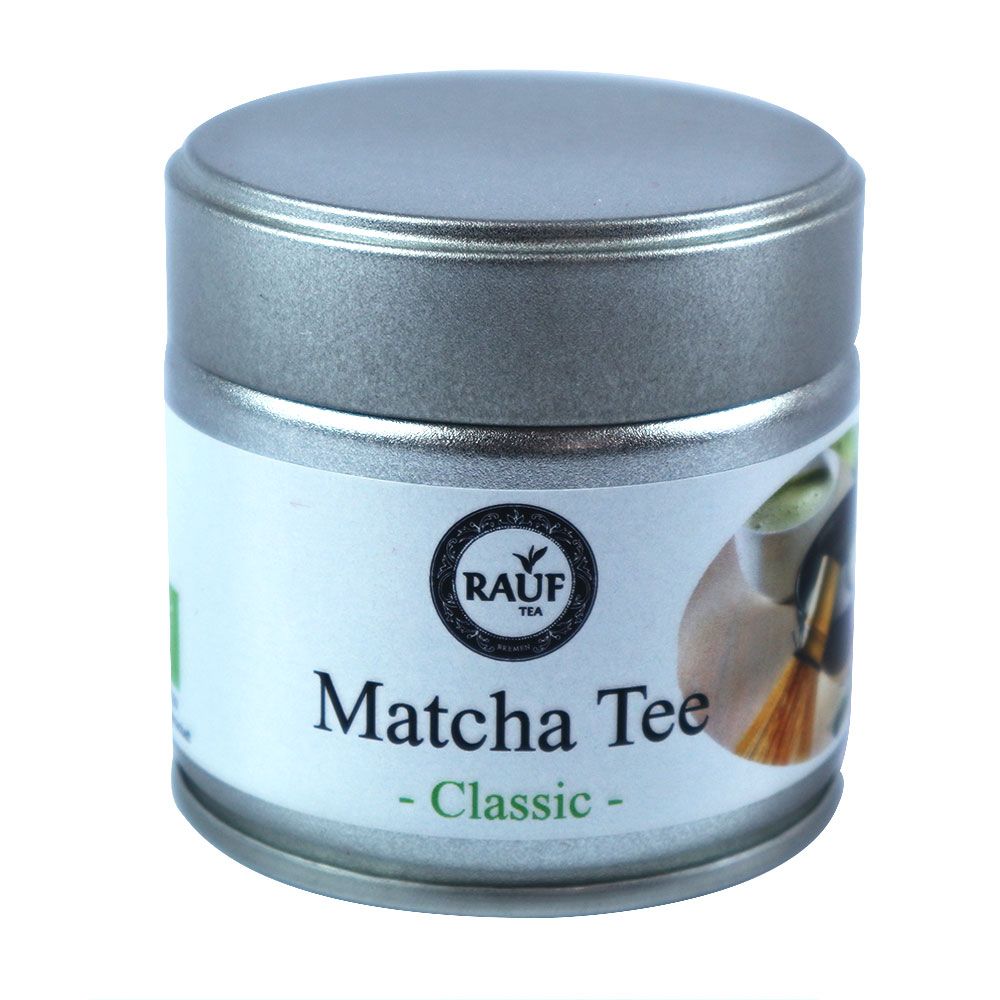 Zylindrische Dose mit Deckel. Etikett mit "RAUF TEA Matcha Tee Classic Bio".