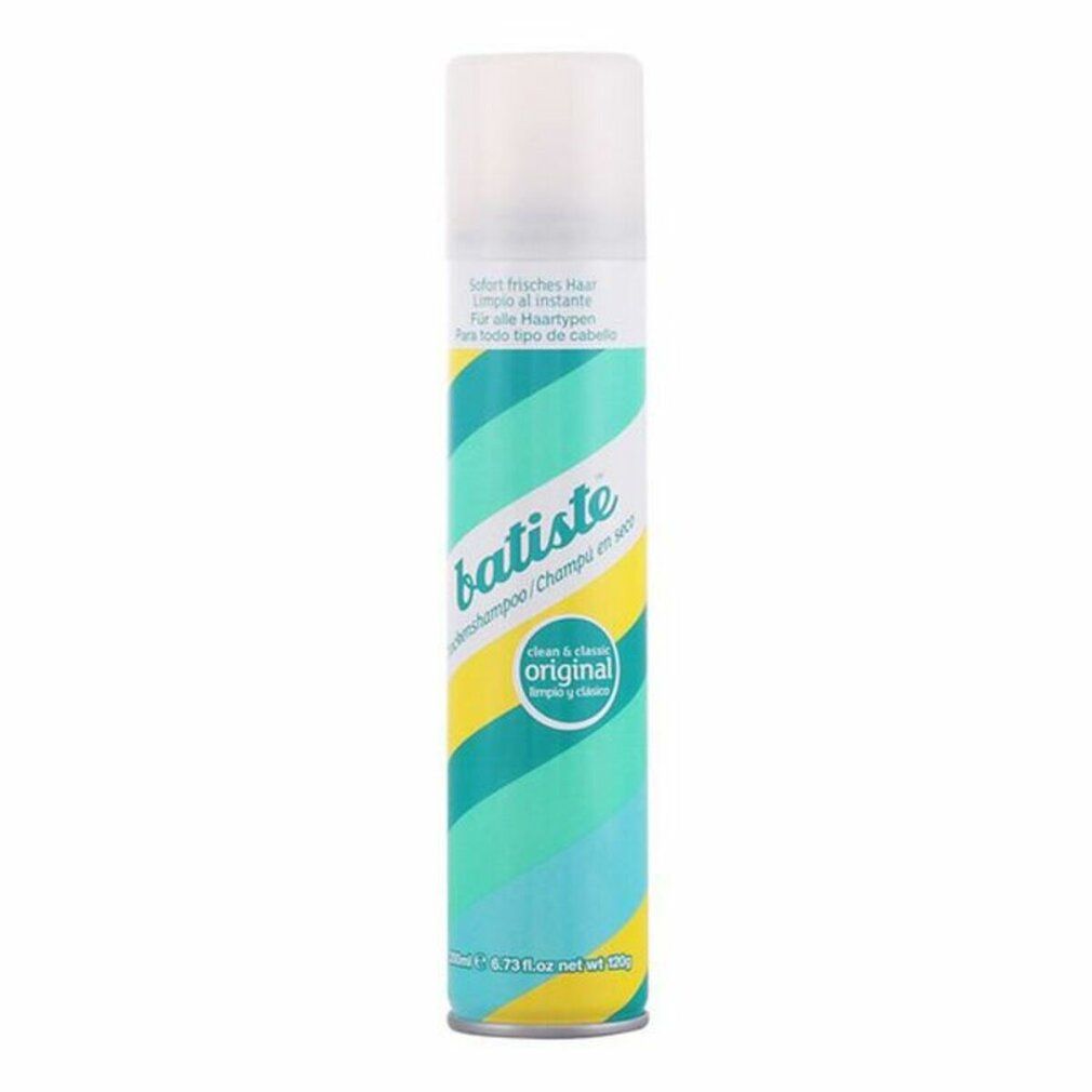 Batiste Trockenshampoo Original. Zylindrische Dose mit weißem Deckel. Türkis, gelb und weiße Muster. Text: Original, Trockenshampoo.