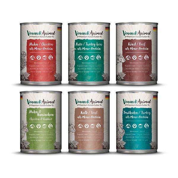 Venandi Animal - Probierpaket - Huhn, Pute, Rind, Huhn & Kaninchen, Kalb, Truthahn