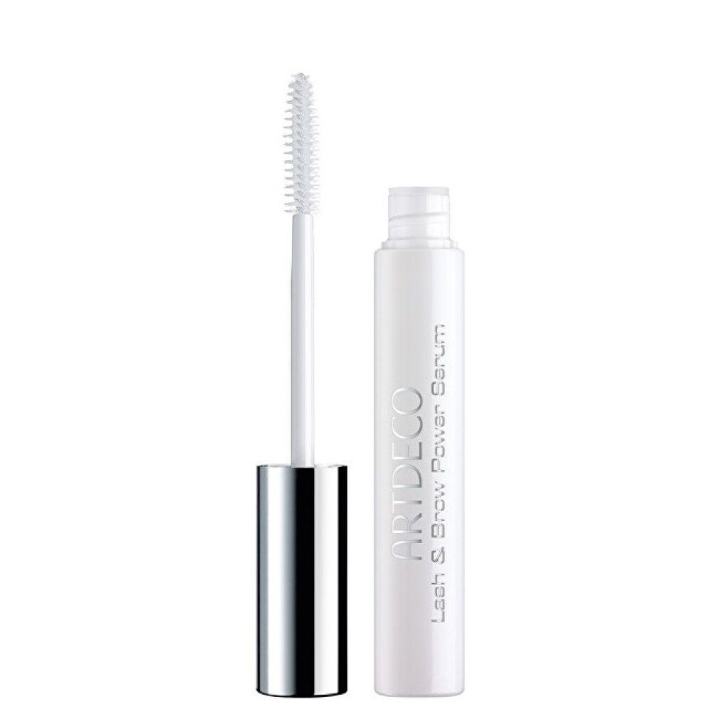 Weißes Serum mit Bürste. Aufschrift: ARTDECO Lash & Brow Power Serum. Silberfarbener Deckel.