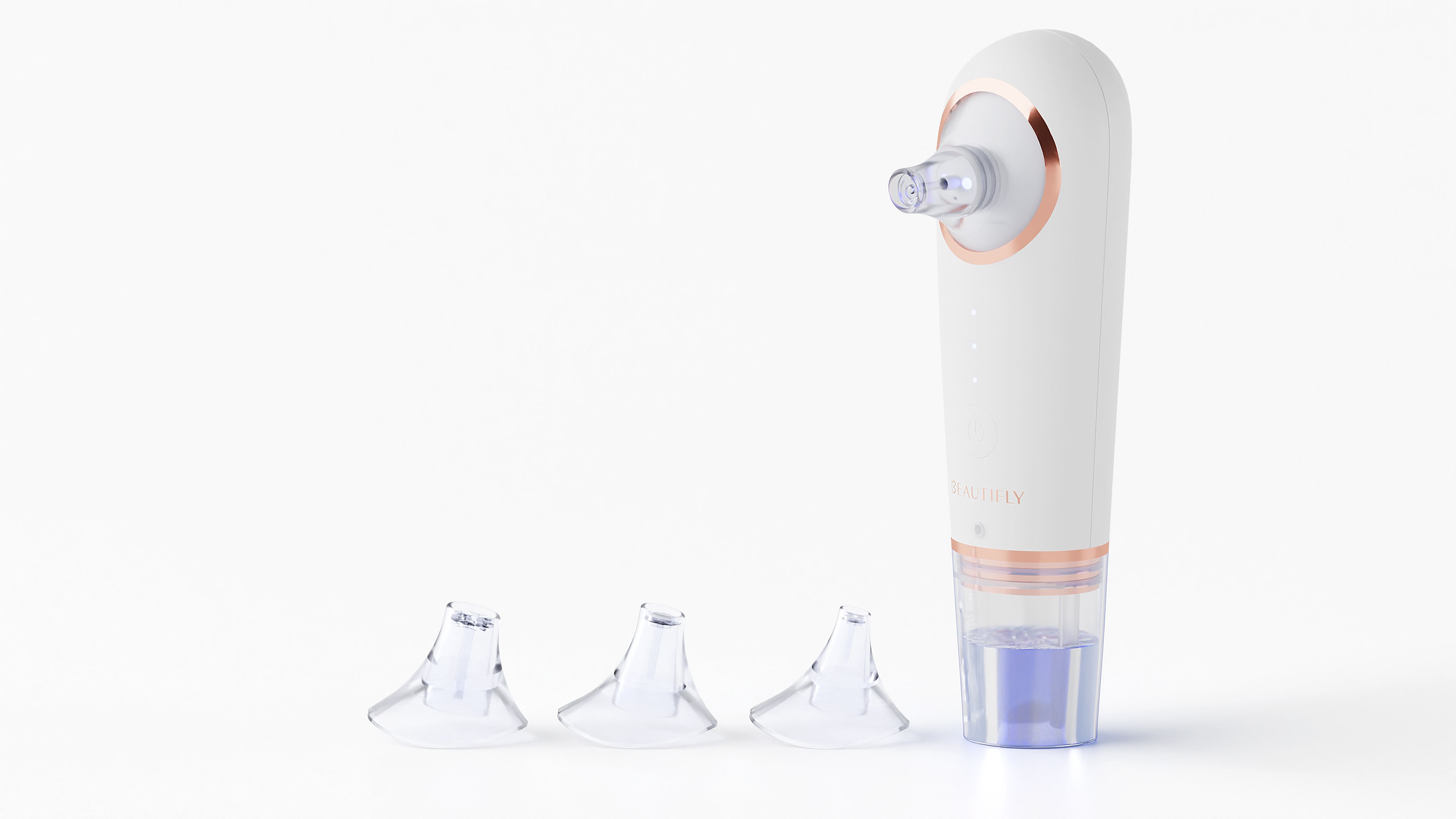 BEAUTIFLY B-Hydrapeel PRO Porenreiniger, weiß, mit drei Aufsätzen. Gerät mit kupferfarbenen Akzenten und transparentem Behälter.