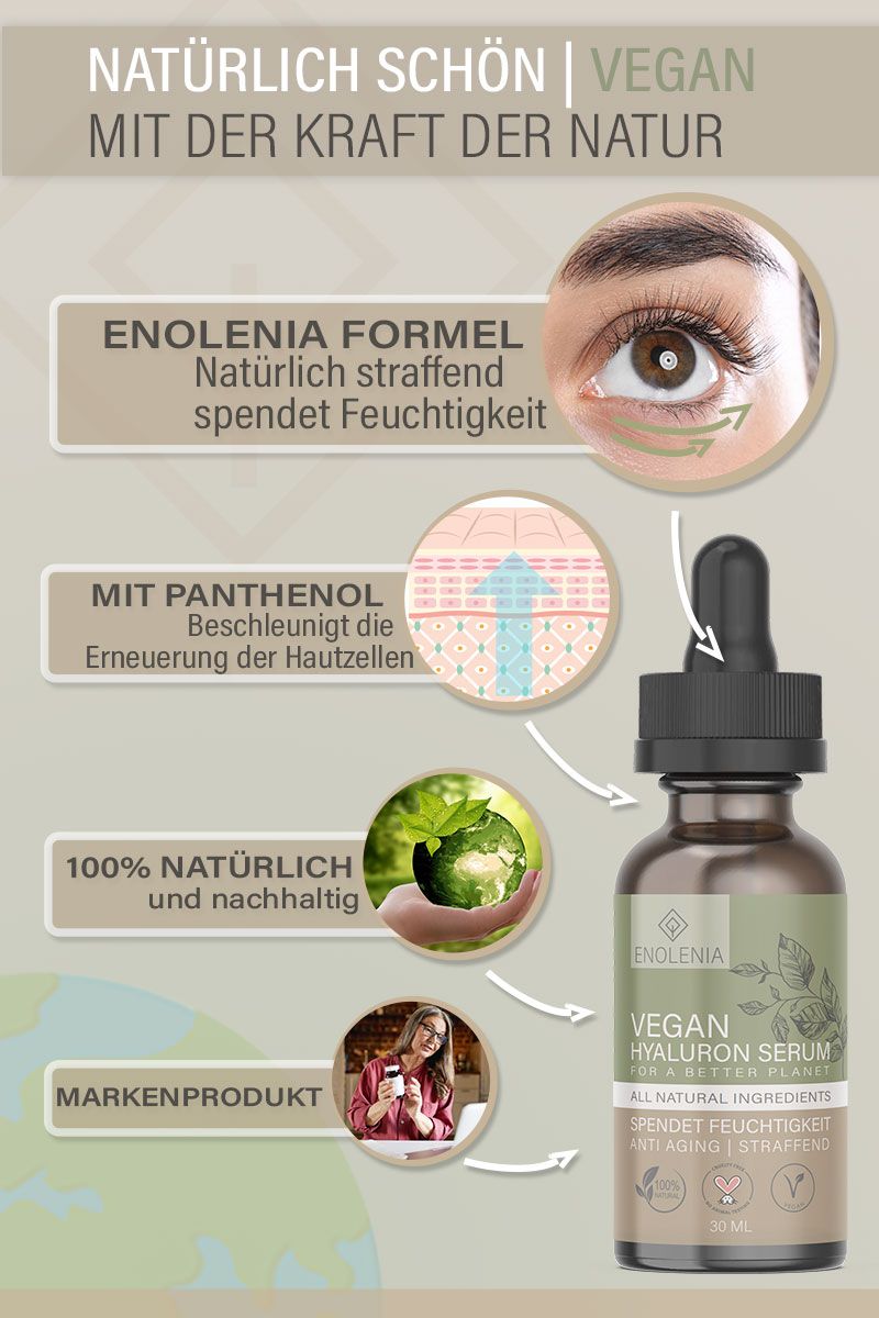 Werbetafel mit Produktflasche und Bildern. Text: Enolenia Formel, Panthenol, 100% natürlich, Markenprodukt.