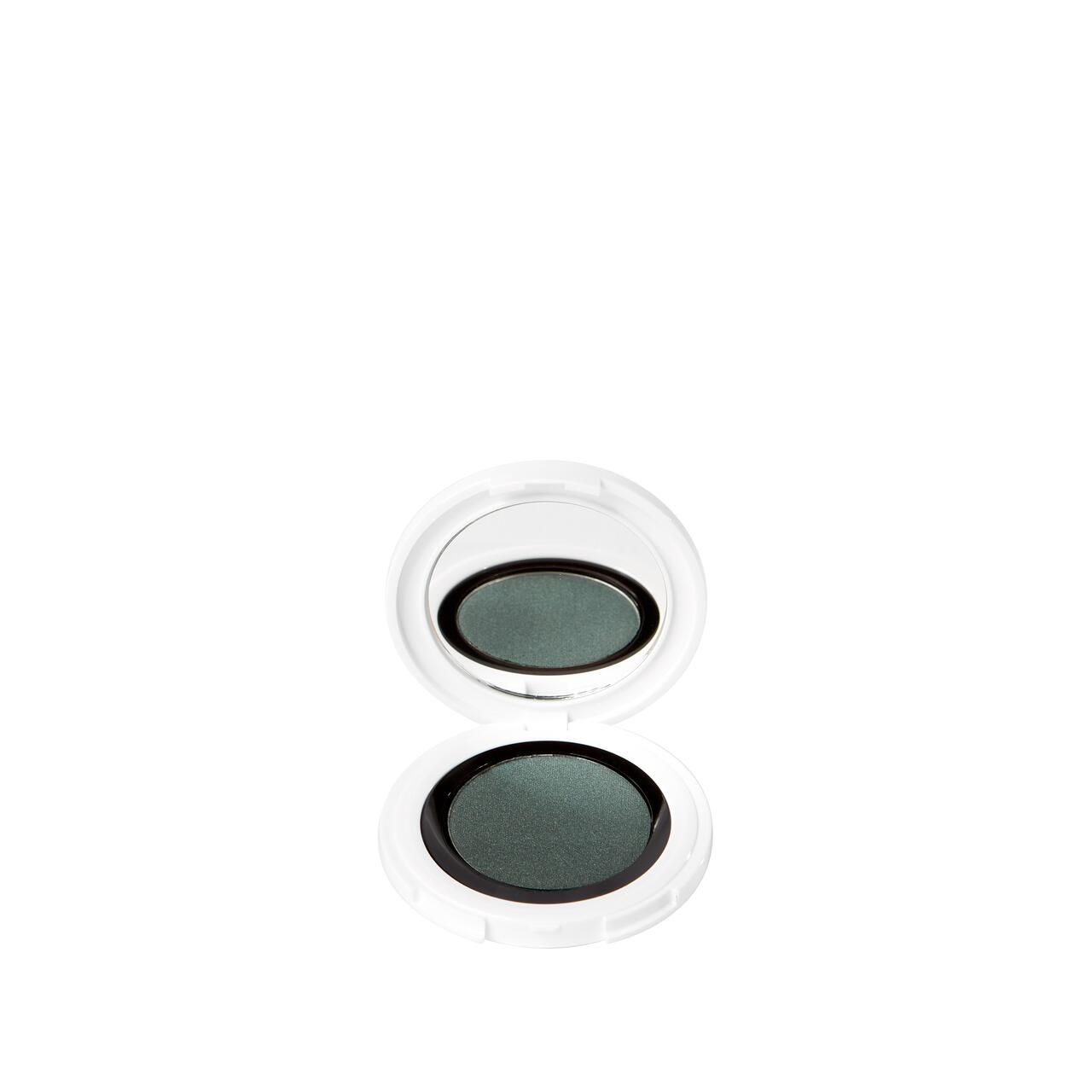 Runder, weißer Behälter mit grünem Lidschatten und Spiegel. Deckel geöffnet.