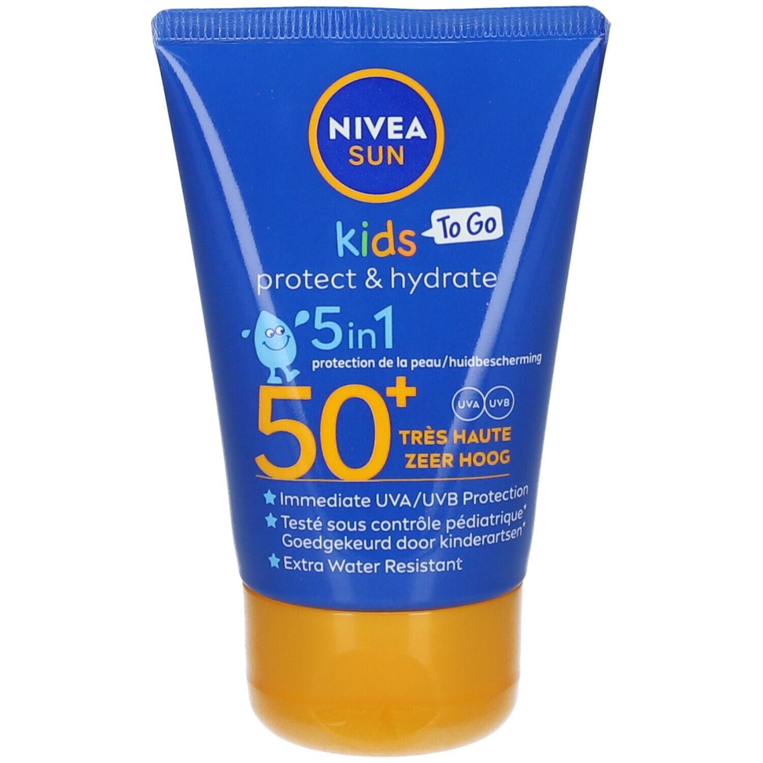 Blau-gelbe Tube NIVEA Sun Kids To Go SPF50+. Text: protect & hydrate, 5 in 1, UVA/UVB Schutz, extra wasserfest.