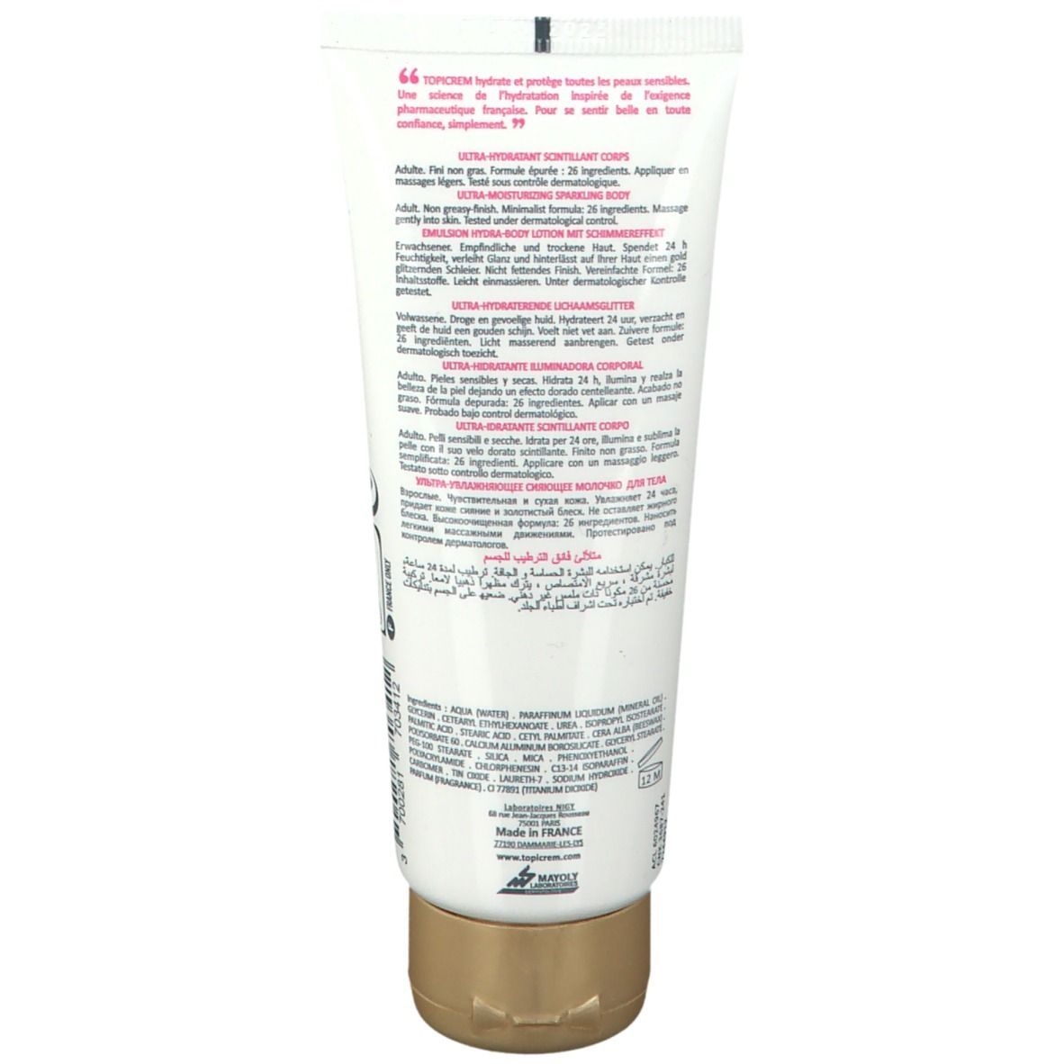 Dos d'un tube blanc. Texte multilingue. Bouchon doré. Texte: TOPICREM, ULTRA-HYDRATANT SCINTILLANT CORPS.