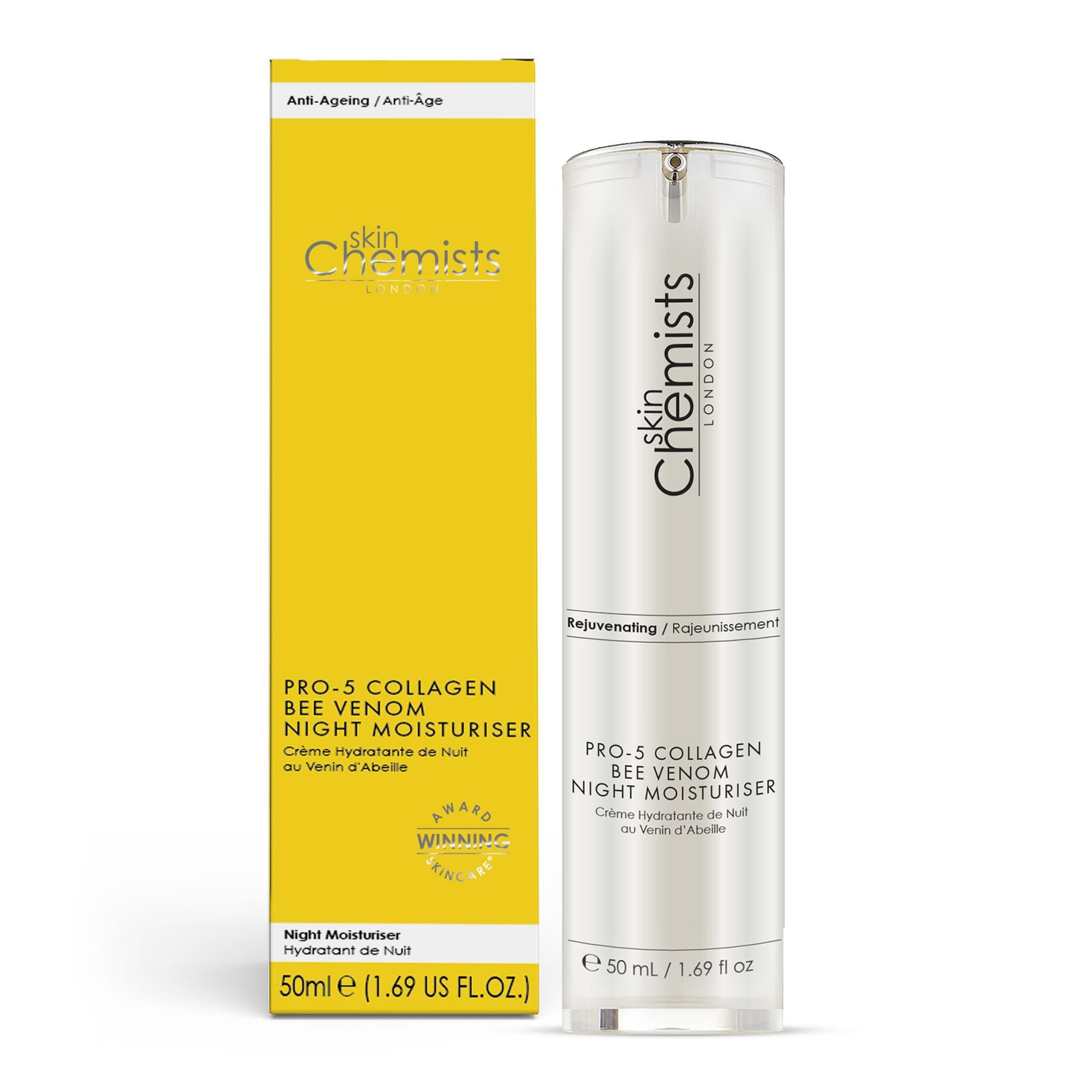 Skin Chemists Anti-Aging Pro-5 Collagen Bienengift Nachtcreme in gelber Faltschachtel und weißem Spender.