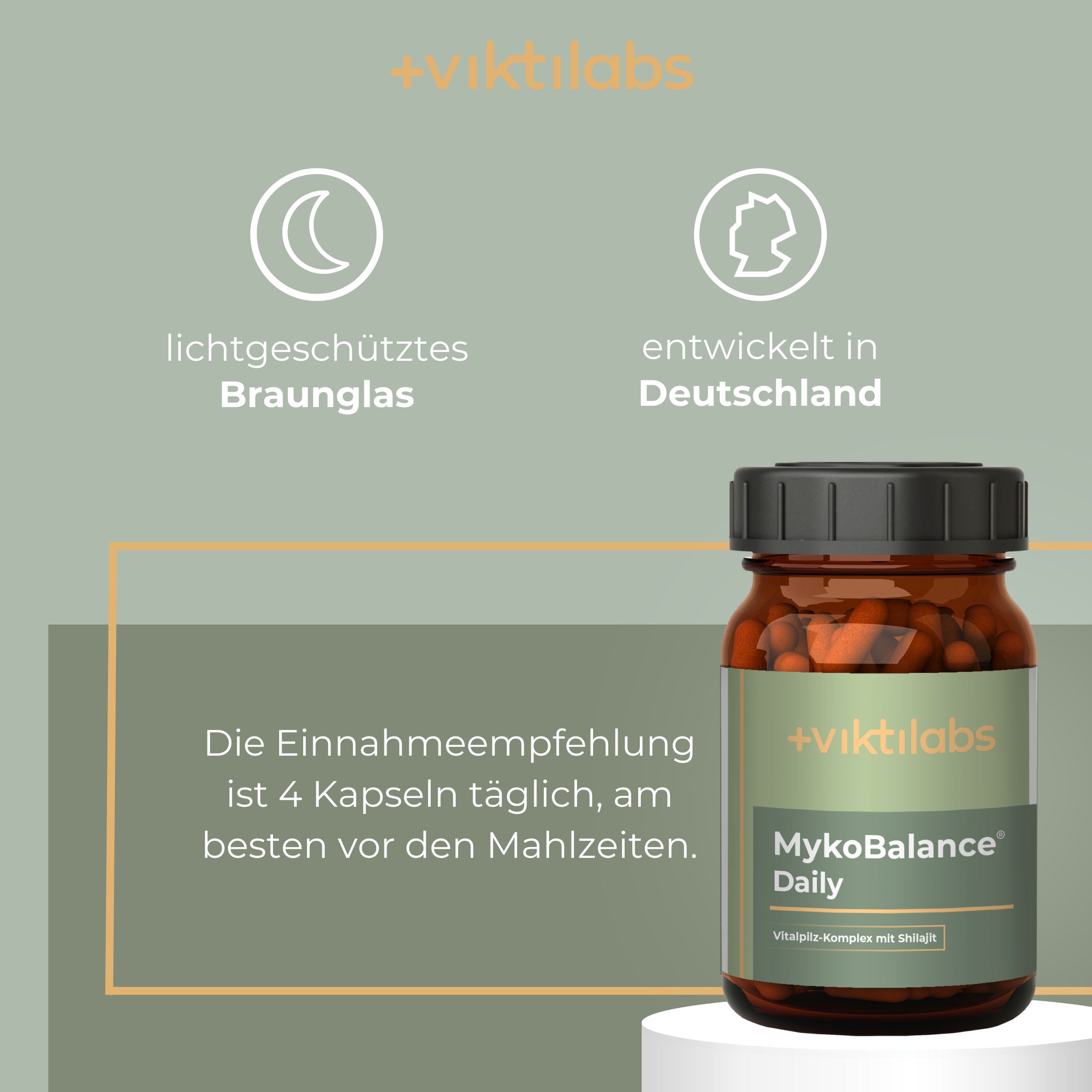 Viktilabs MykoBalance Daily Flasche in Braunglas, entwickelt in Deutschland.