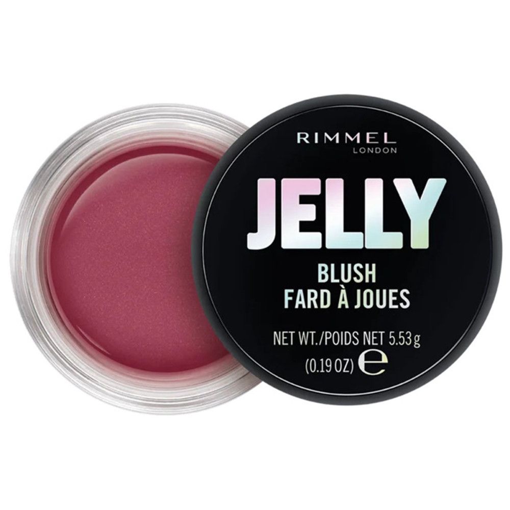Runder, schwarzer Behälter mit rosa Jelly Blush. Aufschrift: Rimmel London, Jelly Blush Fard à Joues. Deckel daneben.