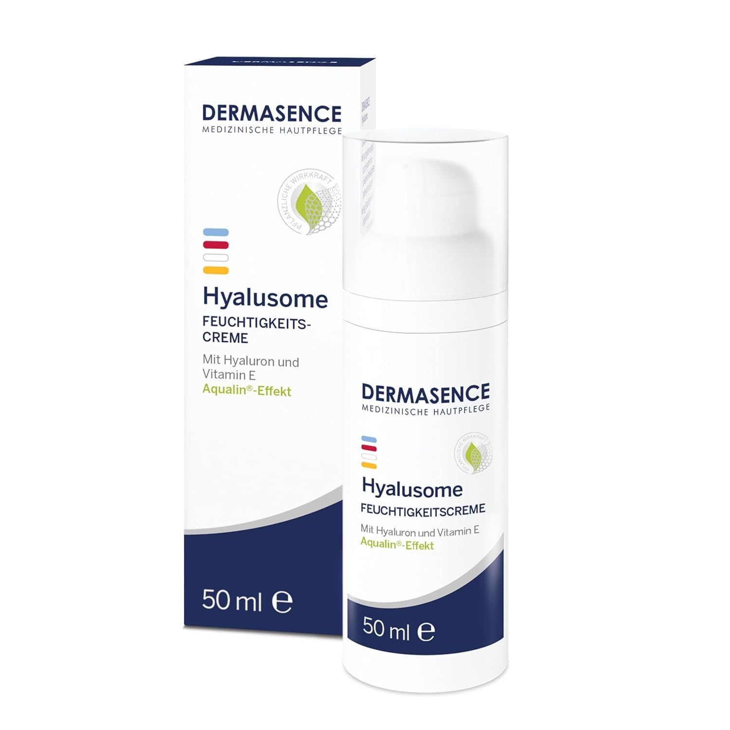 Creme-Flakon und Verpackung. Text: DERMASENCE Hyalusome Feuchtigkeitscreme. Mit Hyaluron und Vitamin E. Aqualin-Effekt. 50 ml.